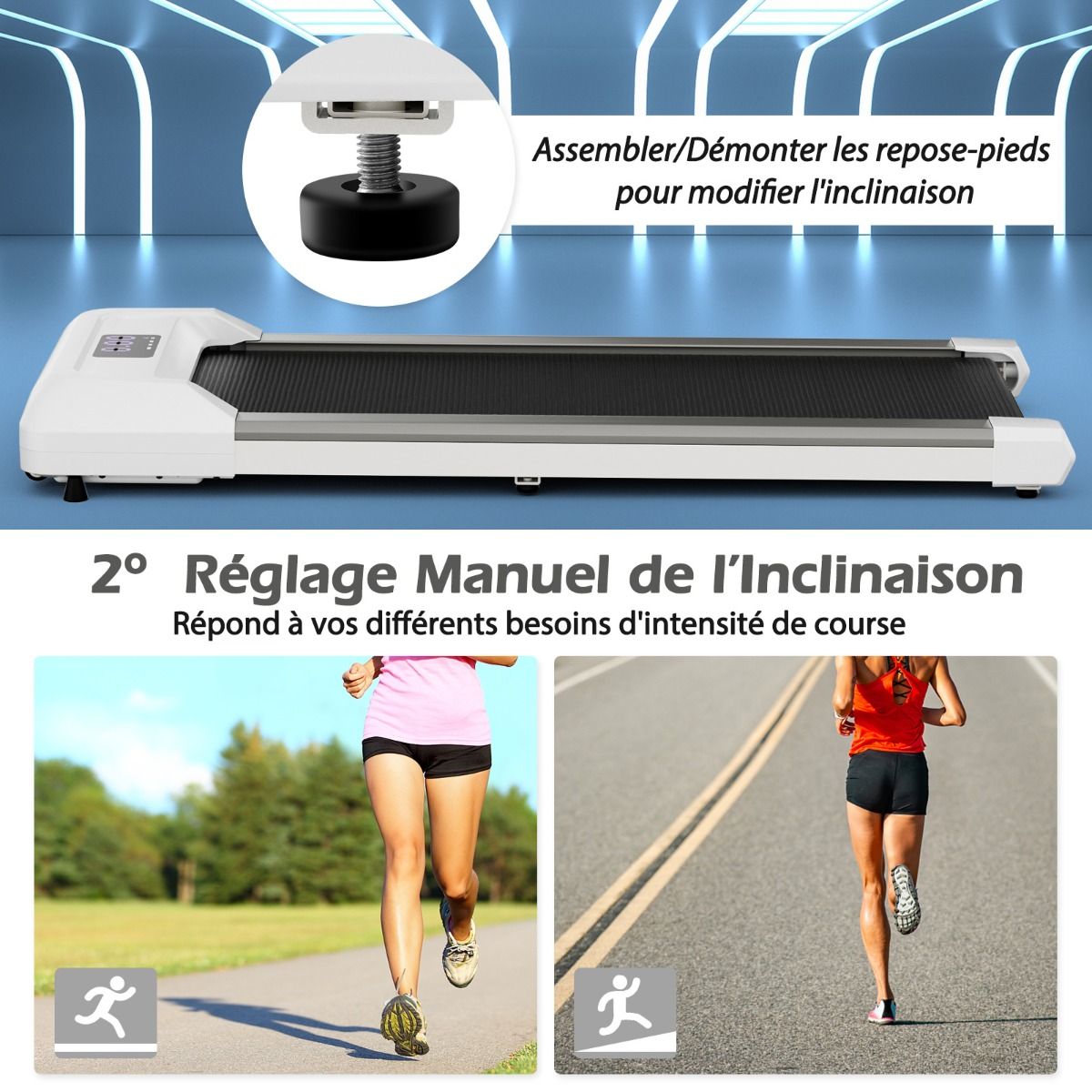 Tapis de Course Mince Tapis de Jogging avec Capacité de 120 Kg Télécommande et Écran Led Inclinable à Roulettes Tapis de Course à Glisser Gris/Noir/Rose