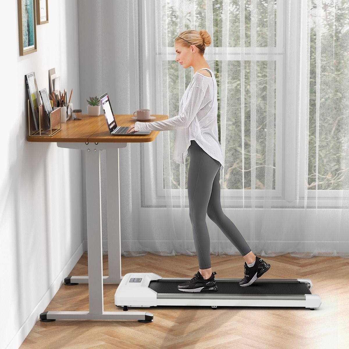 Tapis de Course Mince Tapis de Jogging avec Capacité de 120 Kg Télécommande et Écran Led Inclinable à Roulettes Tapis de Course à Glisser Gris/Noir/Rose