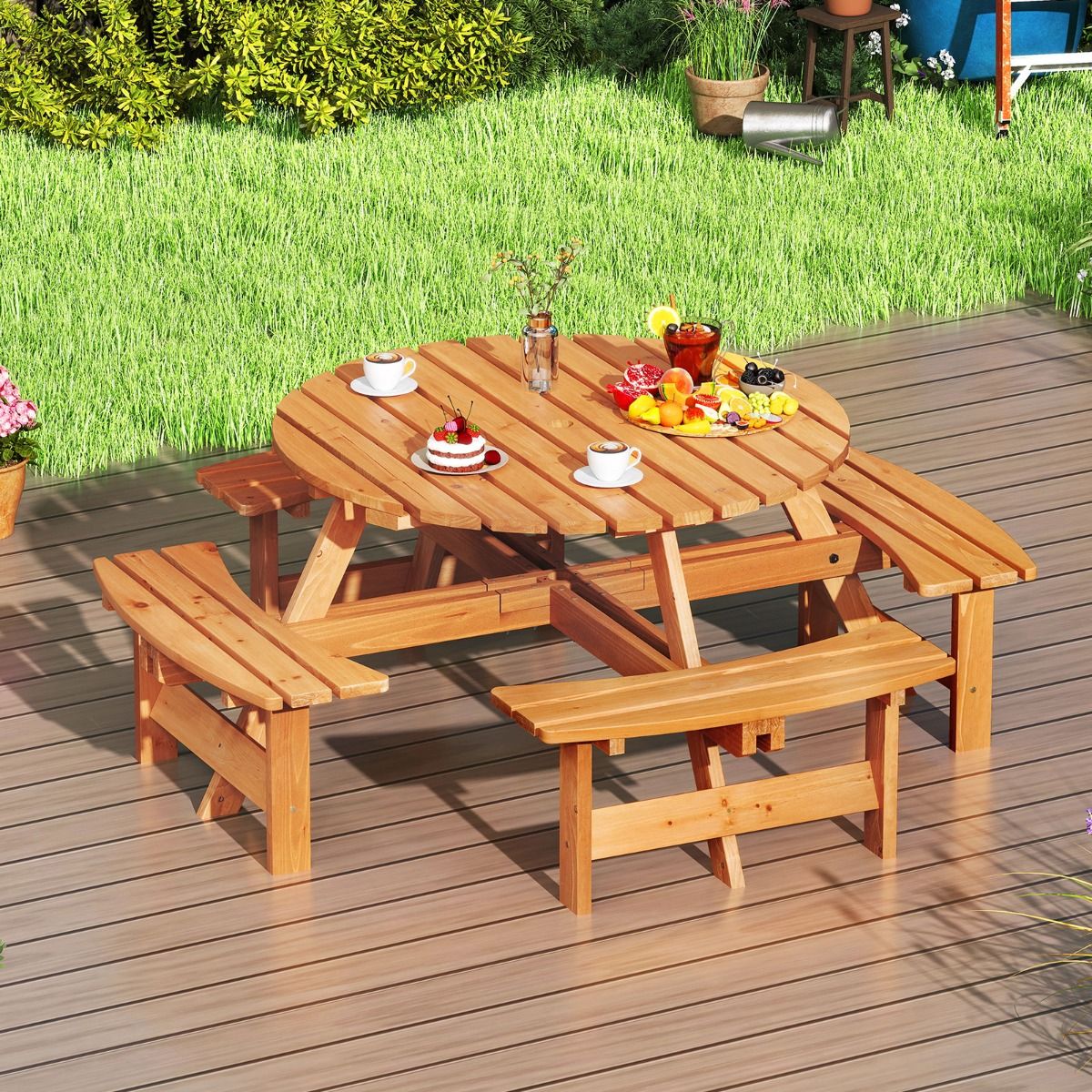 Ensemble Table de Pique-Nique en Bois pour 2 à 8 Personnes Set Table et Banc Circulaire avec 4 Bancs Intégrés Trou de Parasol de 5cm Marron/Jaune