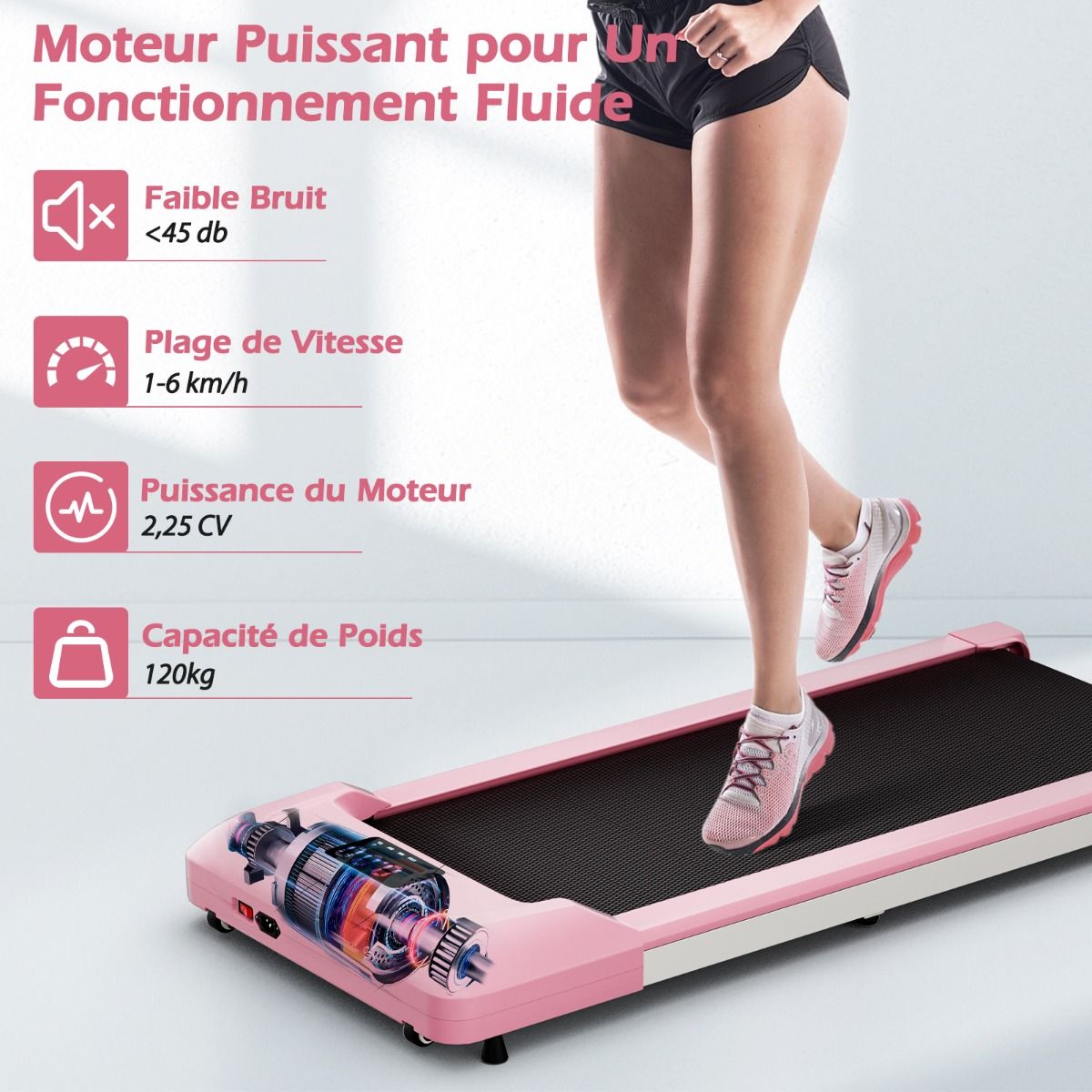 Tapis de Course Mince Tapis de Jogging avec Capacité de 120 Kg Télécommande et Écran Led Inclinable à Roulettes Tapis de Course à Glisser Gris/Noir/Rose