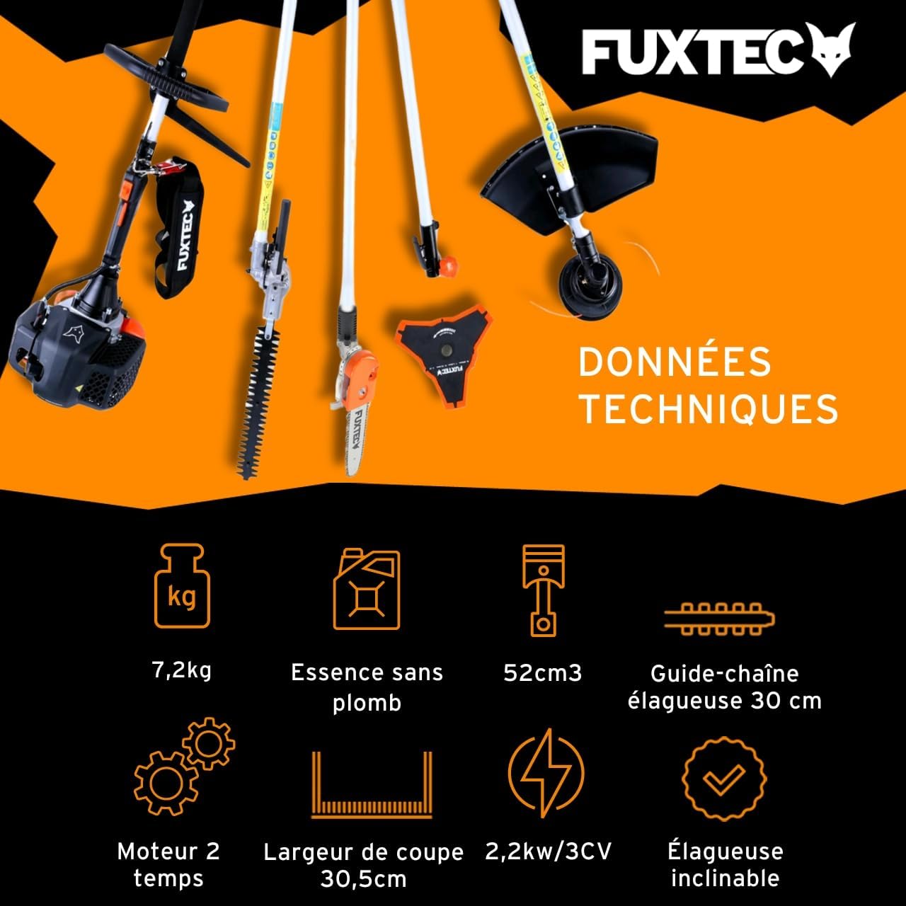 Fuxtec Débroussailleuse Thermique Multifonction 5 en 1 Multitool FX-MT152E - Easy Starter 3CV 52 cm³, Moteur 2 Temps, Élagueuse Taille Haie Coupe Bordure Avec Fil ou Lame 1 Mètre Rallonge