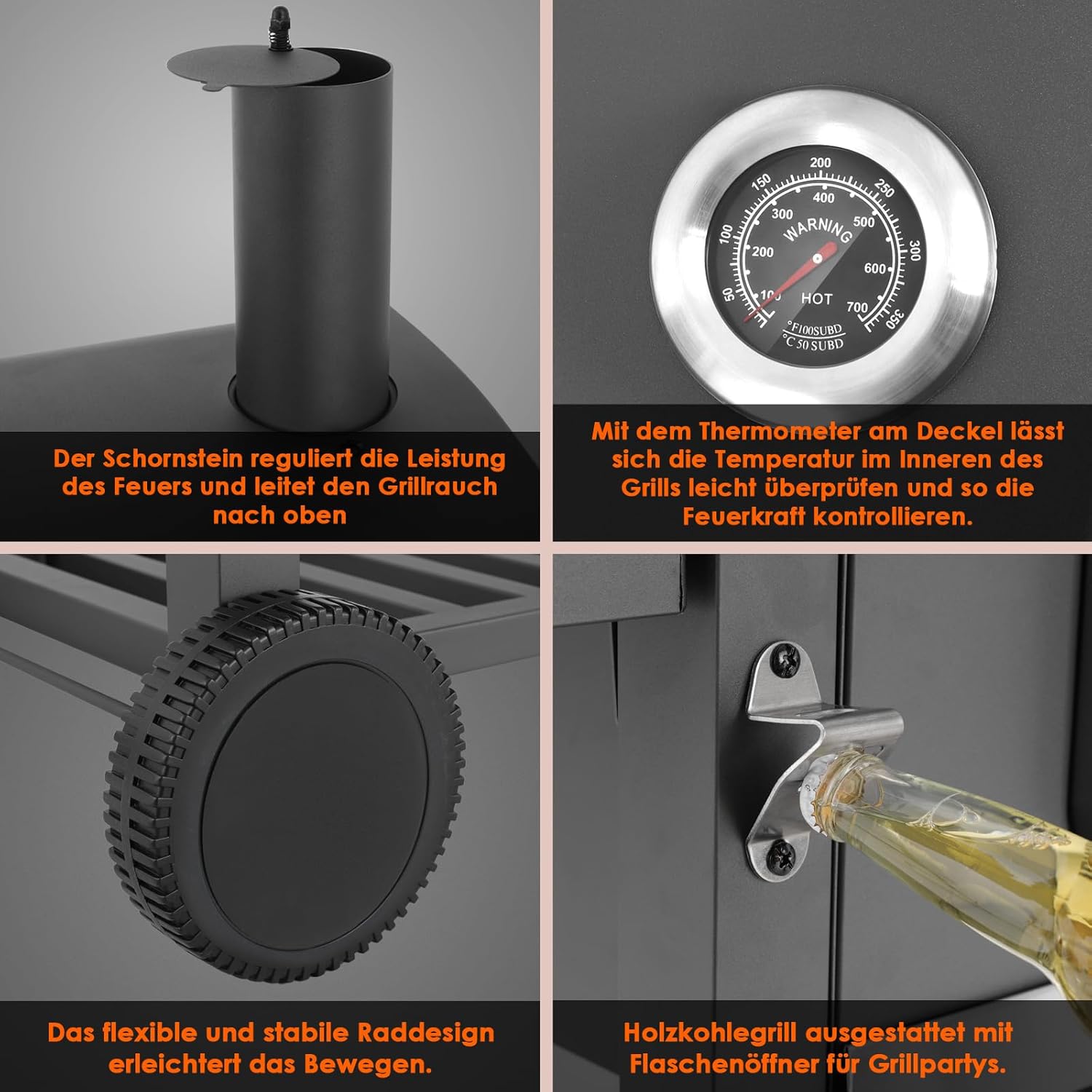 Barbecue Charbon de Bois XL, Chariot à Barbecue, Grill XL à Charbon avec Couvercle, Roues et Thermomètre, Réglable en Hauteur, Grand Barbecue au Charbon de Bois, pour Camping et Jardin, Noir
