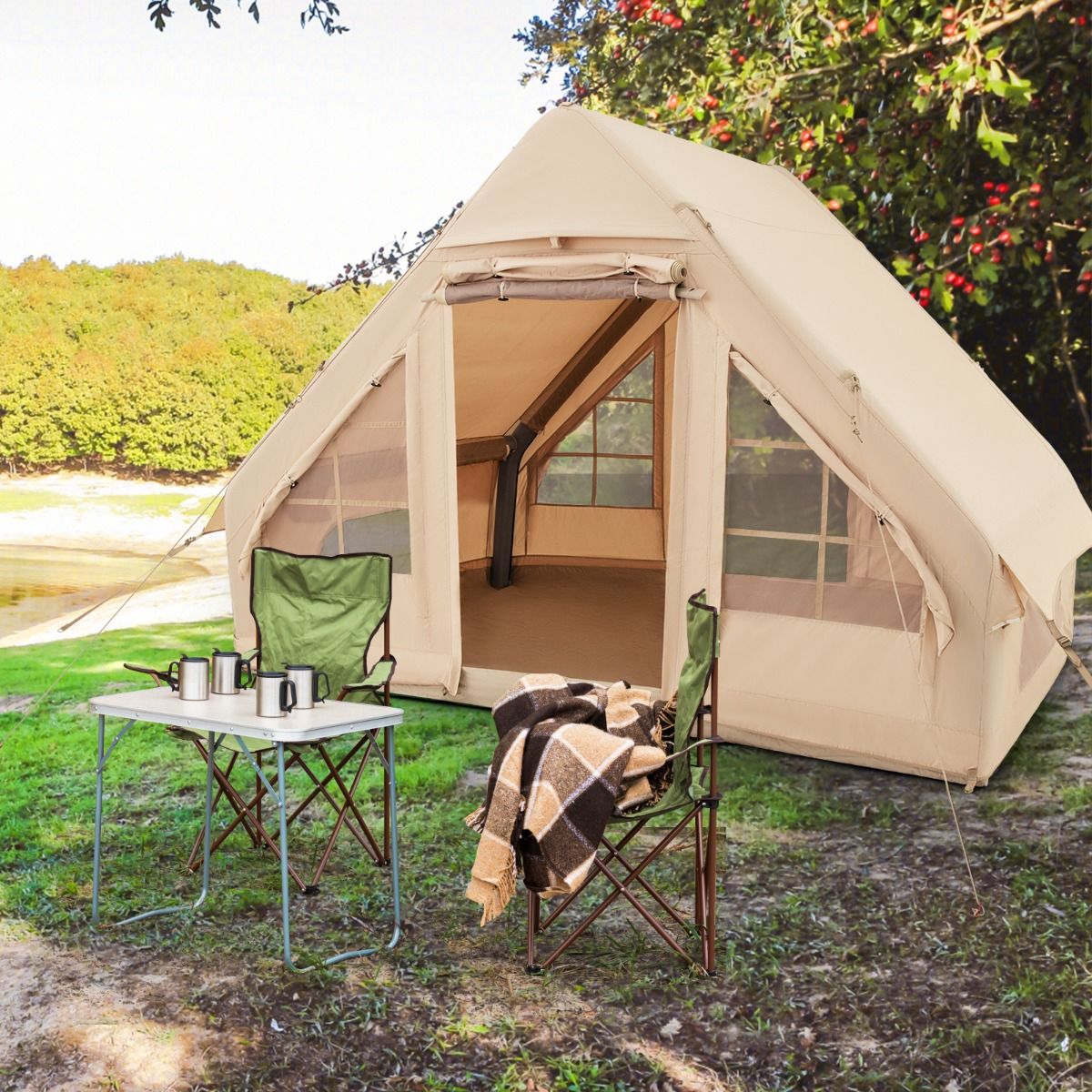 Tente de Camping Gonflable 6 m² pour 4-6 Personnes Tente en Coton Coupe-vent et Imperméable avec Pompe 7 Fenêtres à Moustiquaire Beige