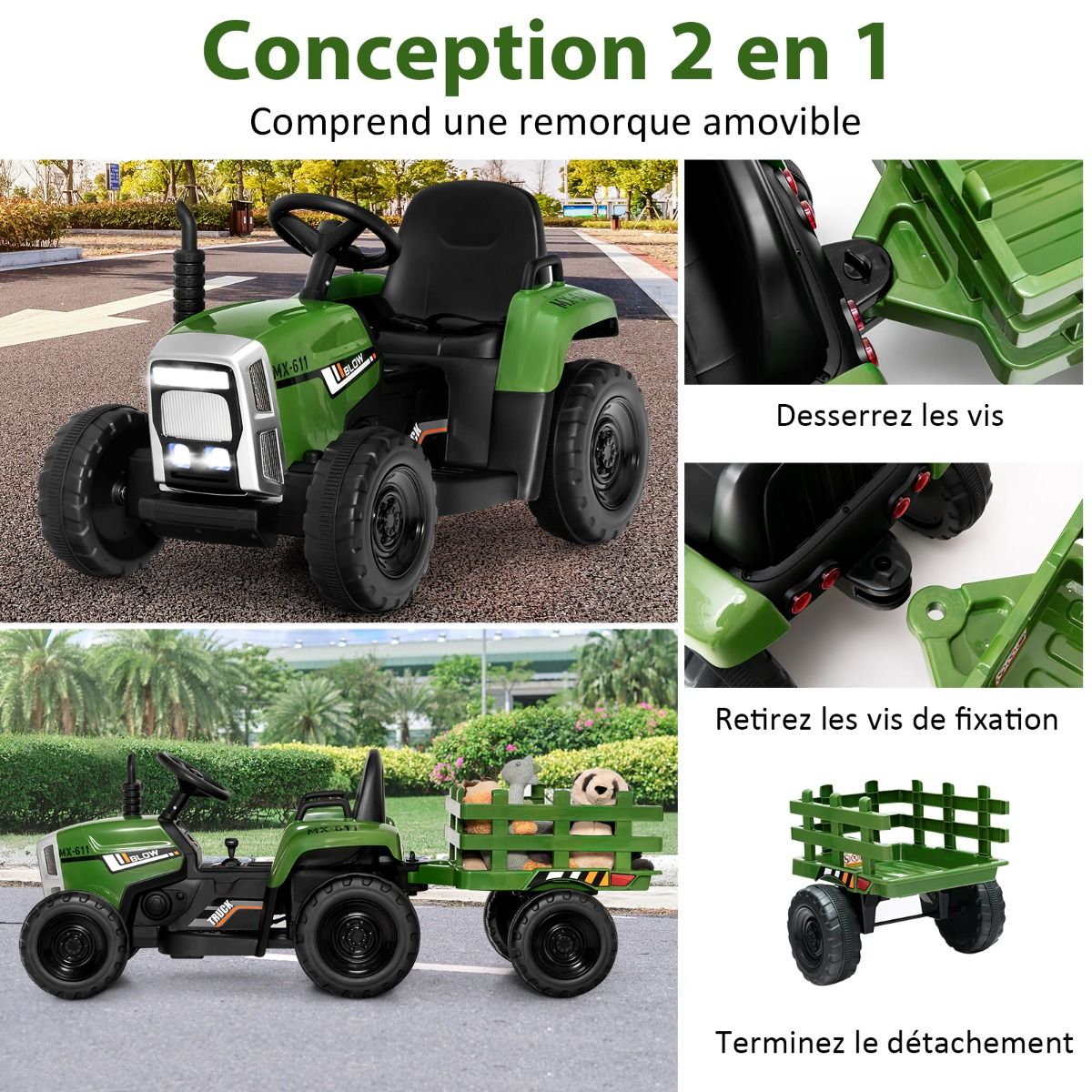 Tracteur Electrique avec Remorque pour Enfants 3 Vitesses Lumières LED Fonctions Audio USB et Bluetooth Jaune/Rose/Rouge/Vert/Vert Foncé/Noir