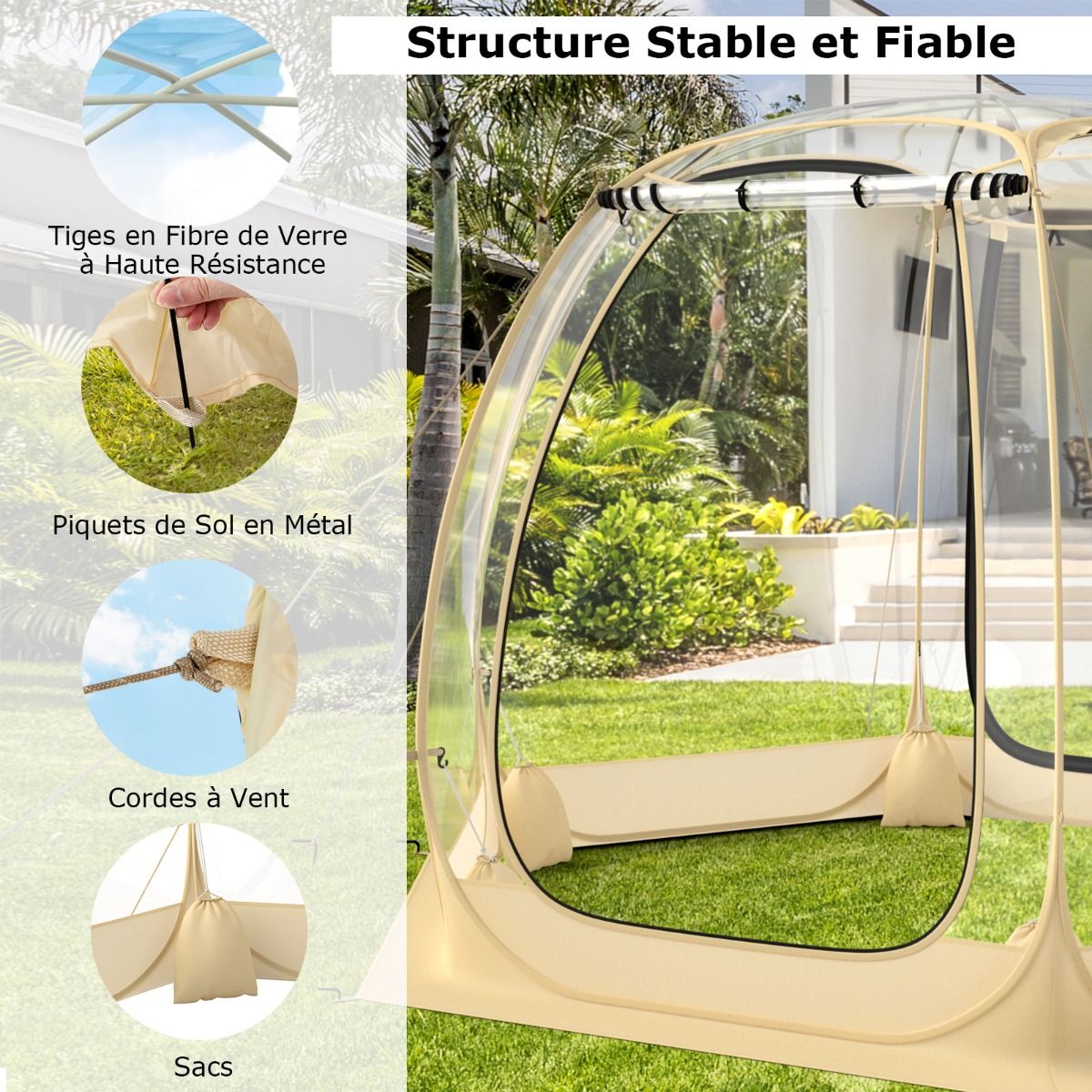 Tente Bulle à Ouverture Instantanée pour 6 à 10 Personnes Tente Dôme d'Extérieur 328 x 328 cm Résistante Aux Intempéries Transparent