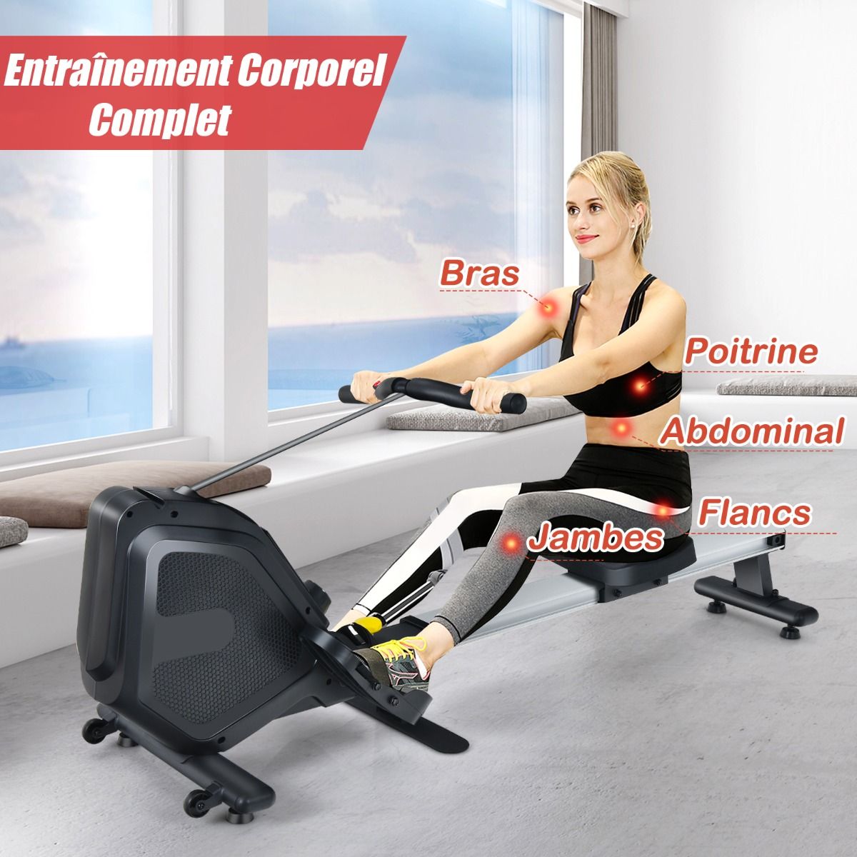 Rameur Magnétique Résistanceà 8 Niveaux Pliable 2 Roues Flexibles Rail Coulissant en Aluminium Ecran LCD Support d'Appareil