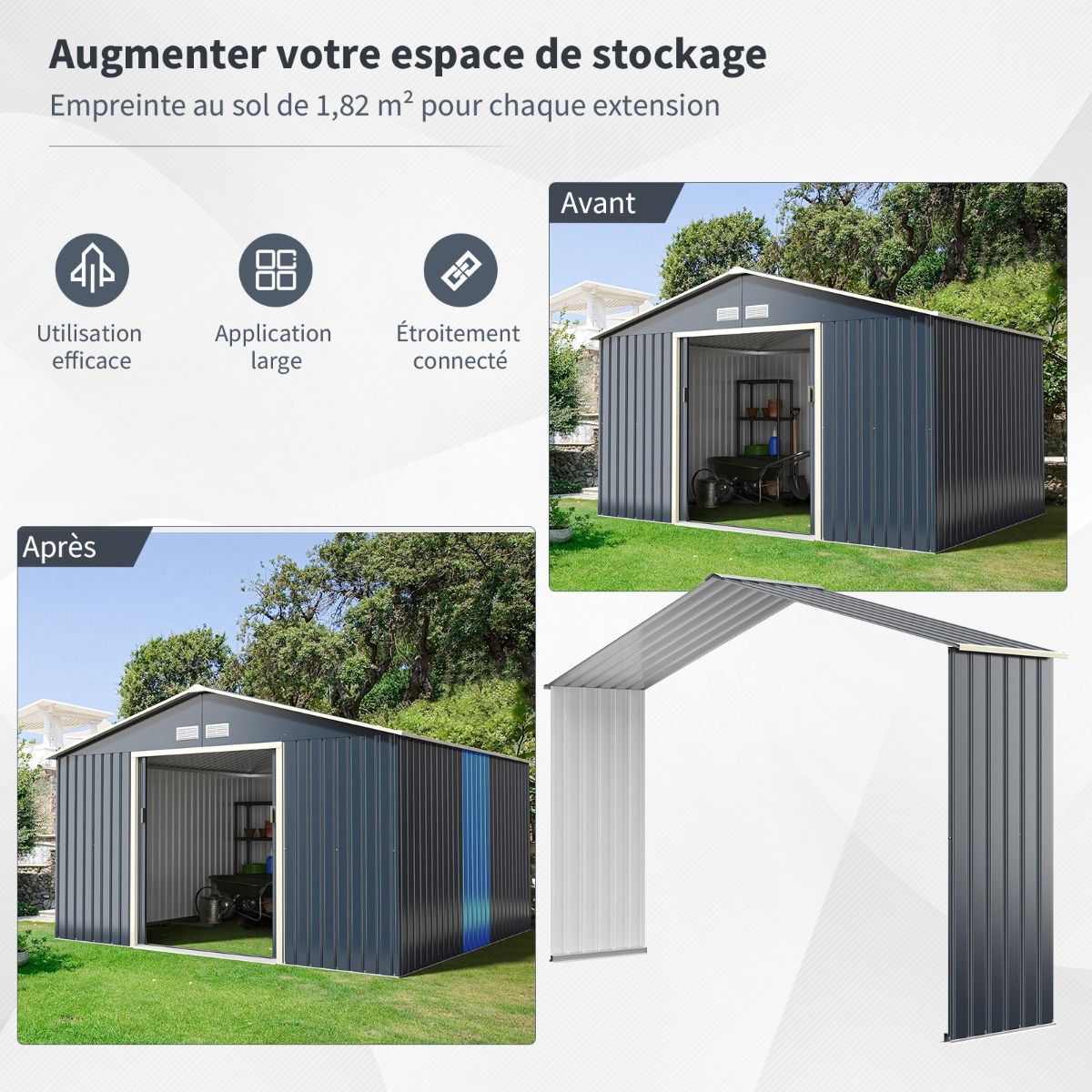 Abri de Jardin en Métal & Extension 10.85㎡ avec 2 Portes Coulissantes Verrouillables 4 Trous d’Aération Gris pour Vélo