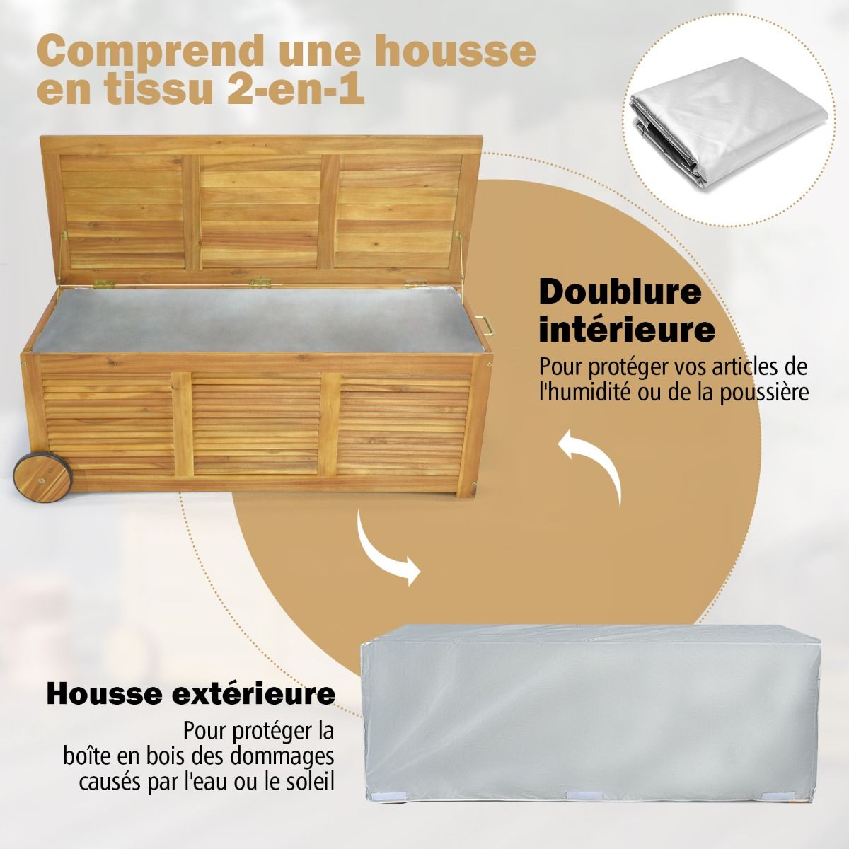 Coffre de Rangement 182L en Bois d’Acacia Charnière en Métal Banc de Rangement à Roulettes Extérieur pour Jardin Patio