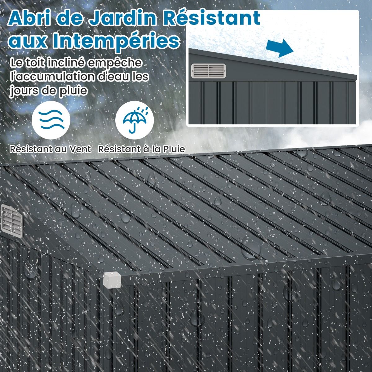 Abri de Jardin Extérieur Abri à Outils de Jardin avec 2 Portes Design Incliné Aérations Cadre en Métal Galvanisé 235x117x185cm Gris Foncé