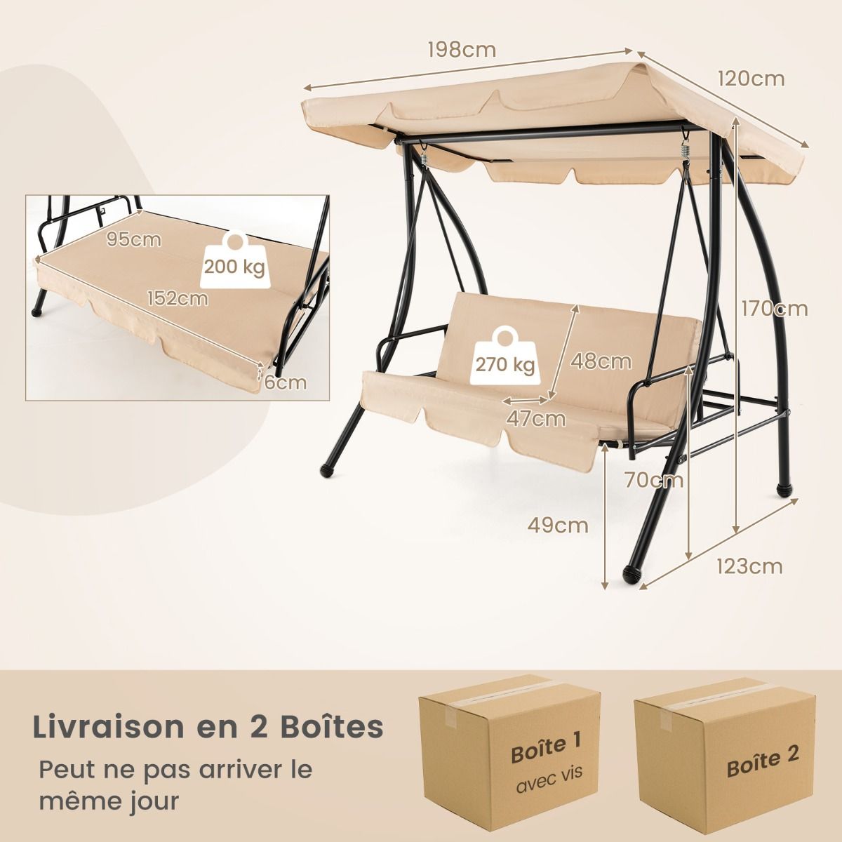 Balancelle d'Extérieur Convertible 2 Places avec Lit Plat Hamac de Terrasse avec Auvent Réglable et Coussin Amovible Pour Jardin