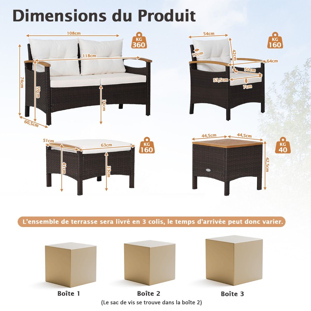Ensemble de Canapés de Patio en Rotin PE 7 Pièces avec Coussins d'Assise et de Dossier 2 Poufs 2 Tables Basses Plateau de Table