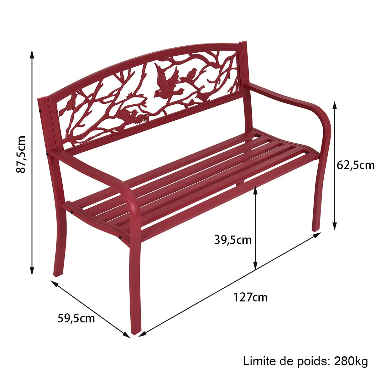 Banc de Jardin en Fer Résistant de Haute Qualité Style Contemporain 2-3 Places Parfait pour Extérieur 127x60x88cm Rouge