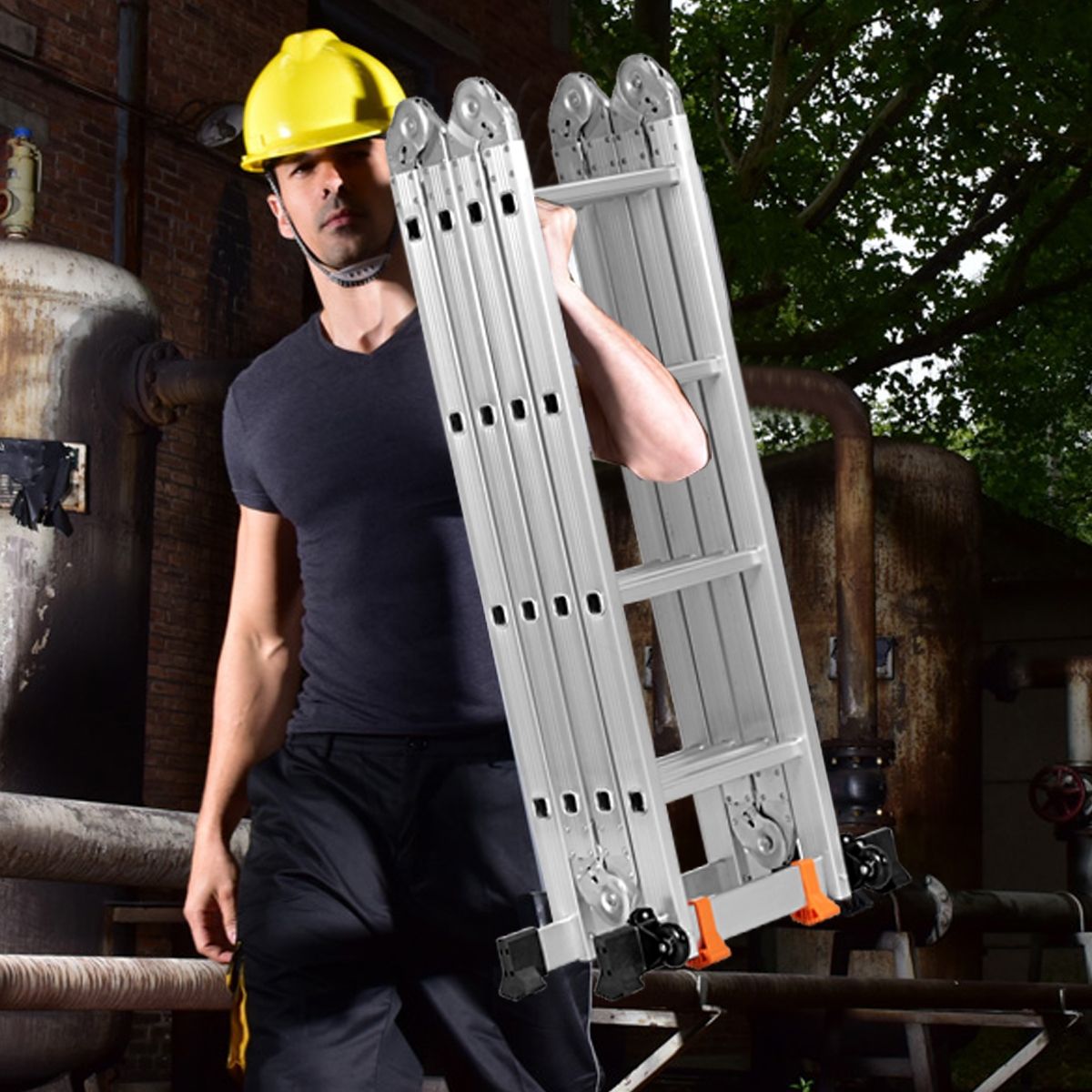 Échelle Polyvalente 5 en 1 avec 2 Montants 4 Plis 15 Echelons Pliable et Multifonction Capacité 150kg en Aluminium