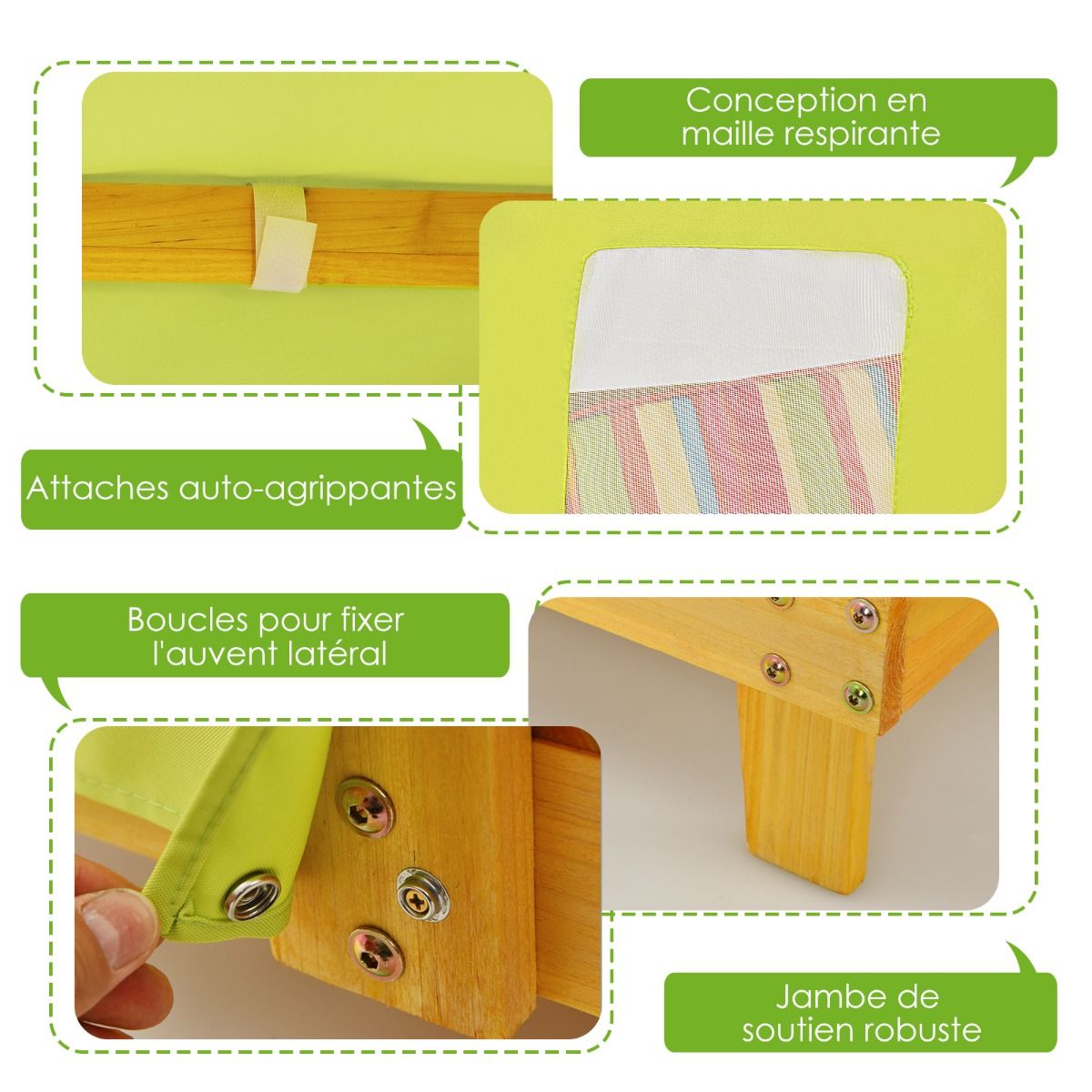 Chaise Longue pour Enfants 3-8 Ans Double Place en Bois avec Auvent Porte-gobelets Coussins Lavables Extérieur Supporté 50kg