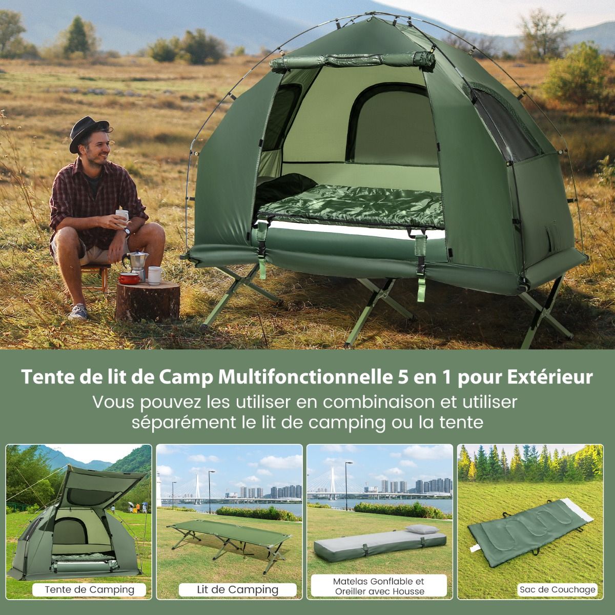 Tente de Camping avec Lit pour 1 Personne Lit de Camping Pliant 5 en 1 avec Matelas Pneumatique Oreiller Sac de Couchage Tente Surélevée Étanche