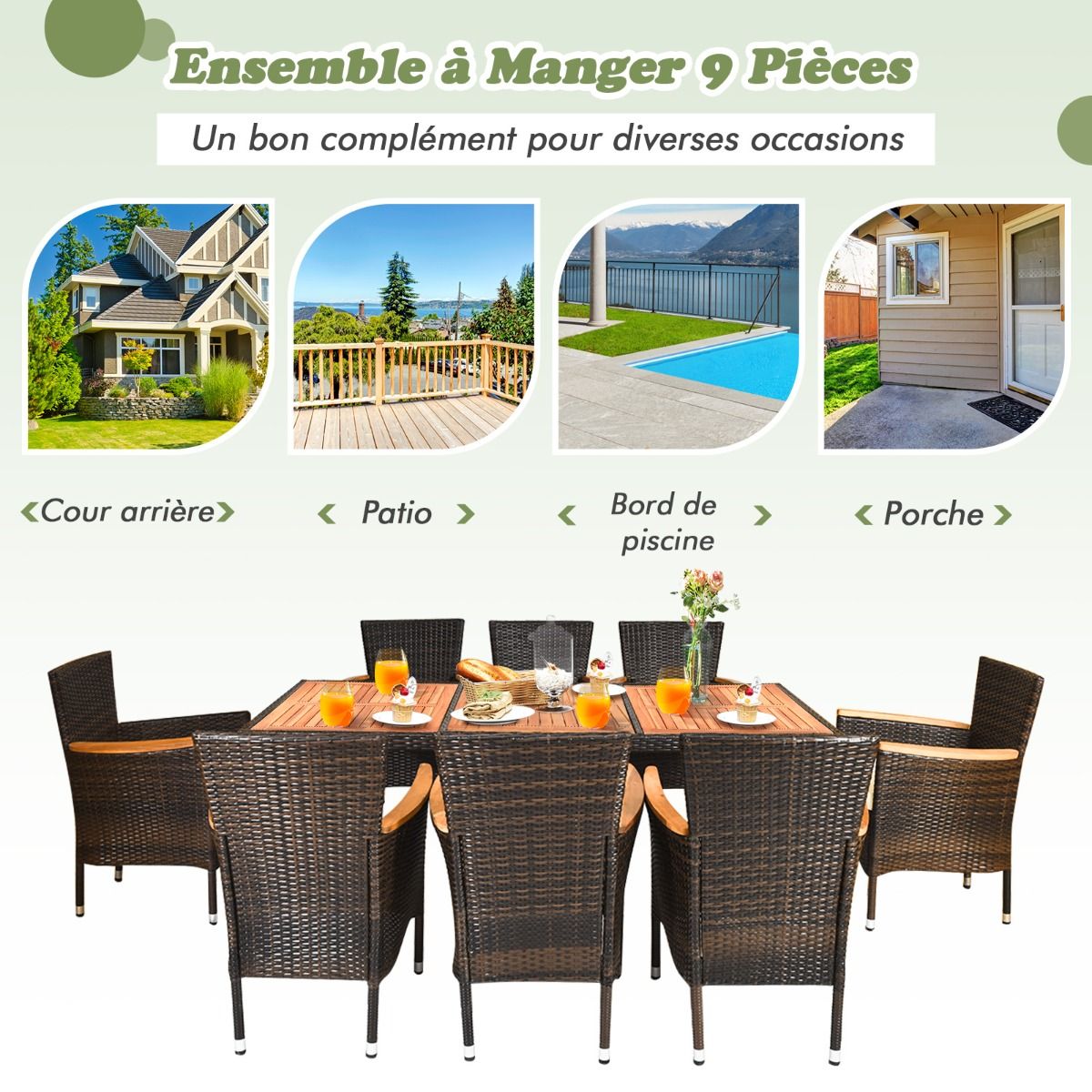 Salon de Jardin en Rotin 9 Pièces pour 8 Personnes Plateau de Table en Acacia Ensemble de Salle à Manger avec Coussins Amovibles Charge 160KG