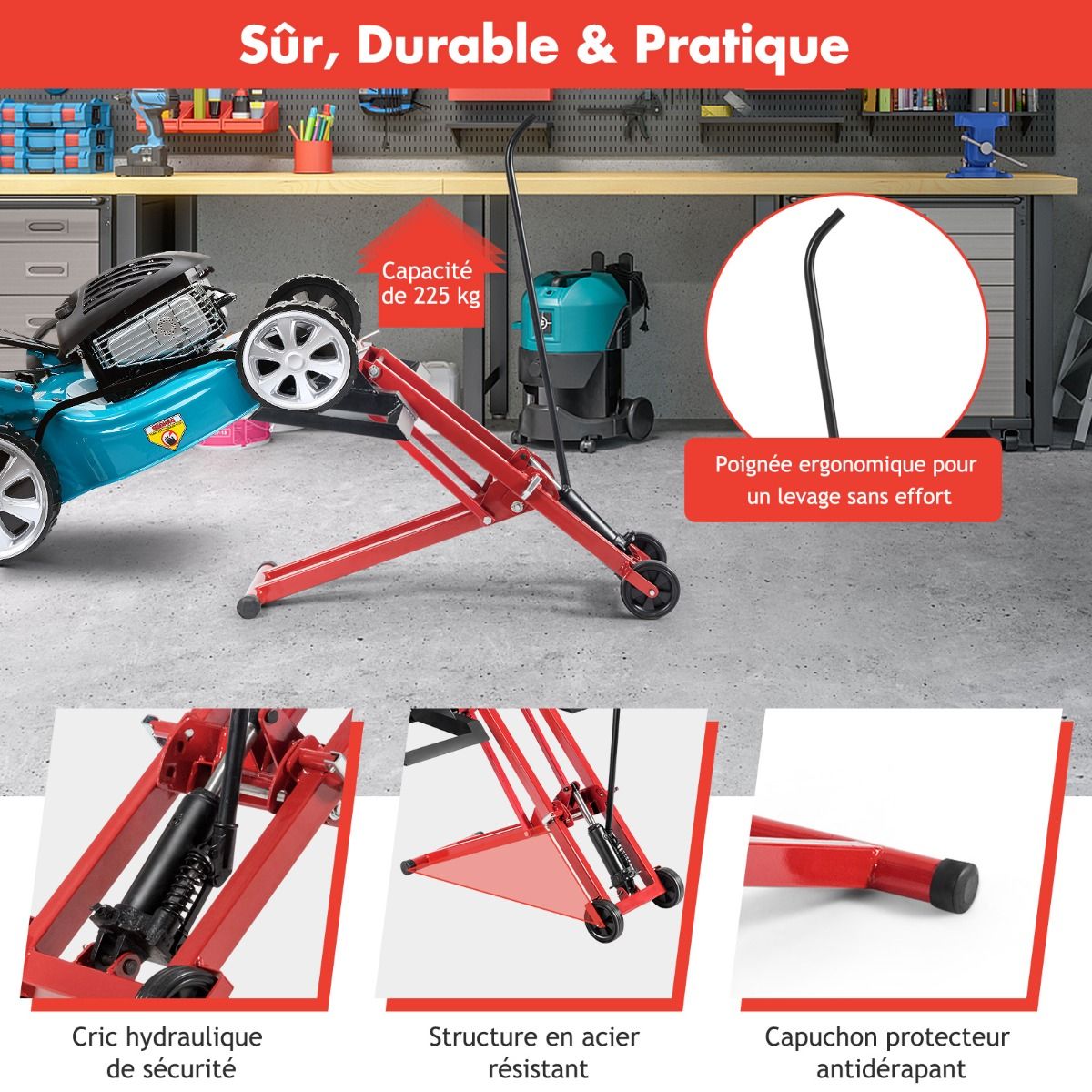 Cric de Levage pour Tondeuse à Gazon pour Tracteurs et Tondeuses à Gazon Autoportées à Rayon de Braquage Nul Capacité de 227 Kg
