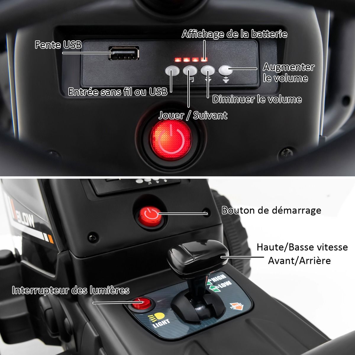 Tracteur Electrique avec Remorque pour Enfants 3 Vitesses Lumières LED Fonctions Audio USB et Bluetooth Jaune/Rose/Rouge/Vert/Vert Foncé/Noir