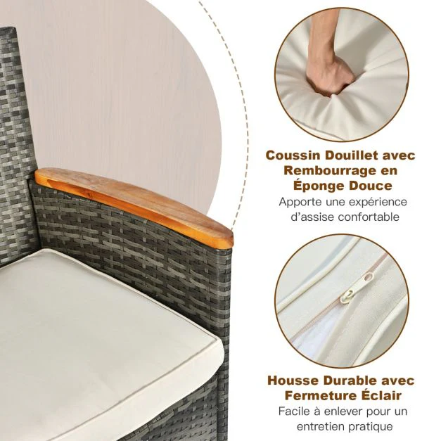 Salon de jardin avec 1 table et 8 chaises en bois et rotin anti-uv pieds réglables et coussins imperméables inclus 20_0009211