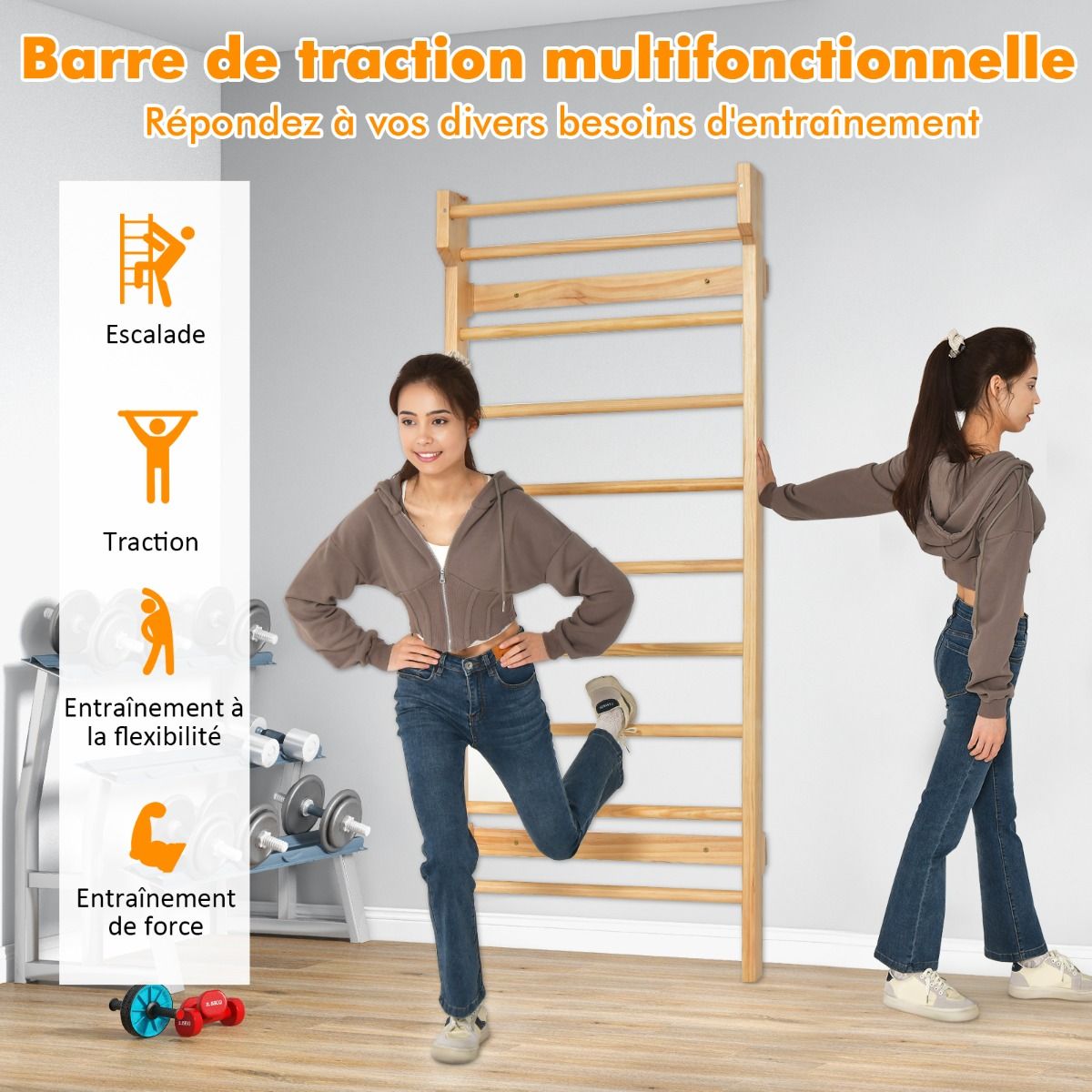 Espalier Mural Espalier de Gymnastique Capacité 150 kg Diamètre Barre 3,3 cm en Bois de Pin 195x80x14cm Naturel