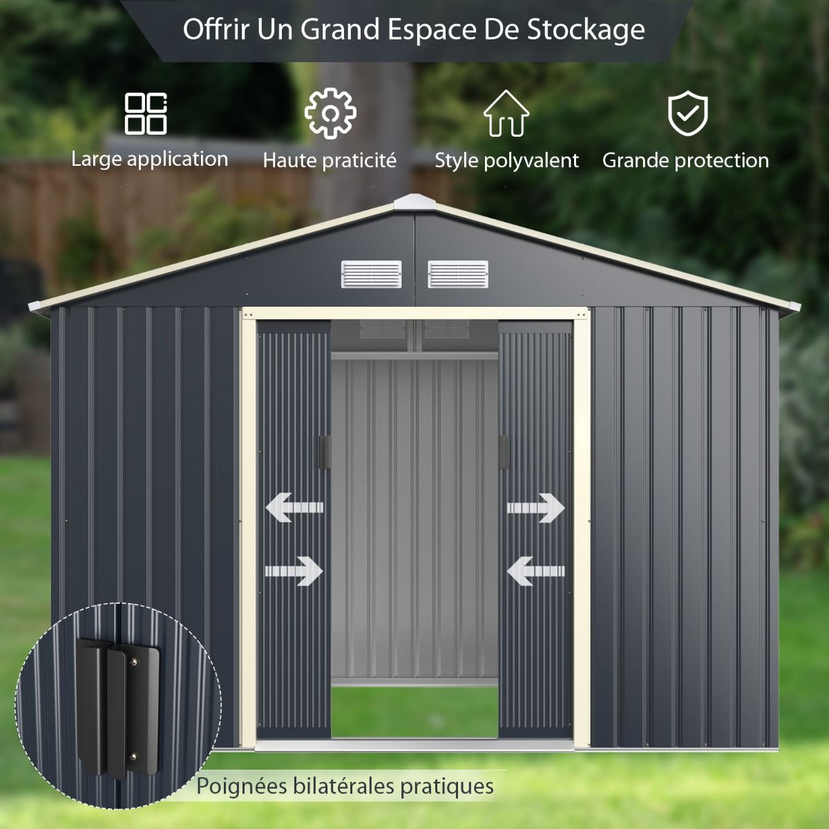 Abri de Jardin en Métal 5,29 ㎡277 x 191 x 202 cm avec 2 Portes Coulissantes Verrouillables 4 Trous d’Aération Gris pour Vélo