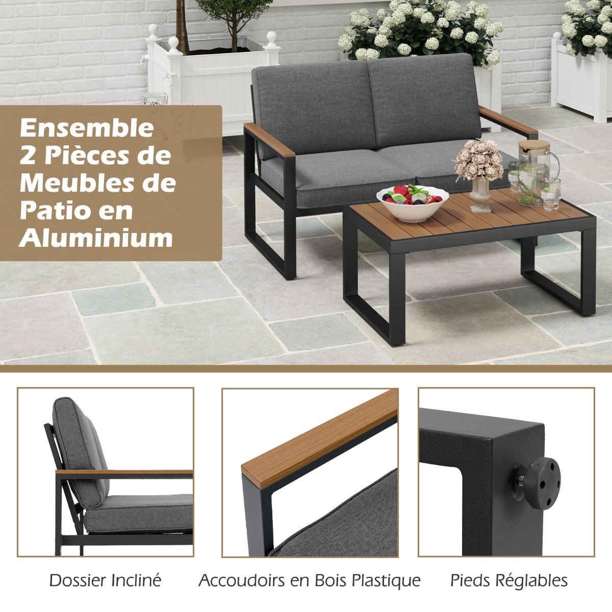Salon de Jardin 2 Pièces avec Table Basse Causeuse Ensemble de Meubles d'Extérieur en Aluminium avec Accoudoirs Gris