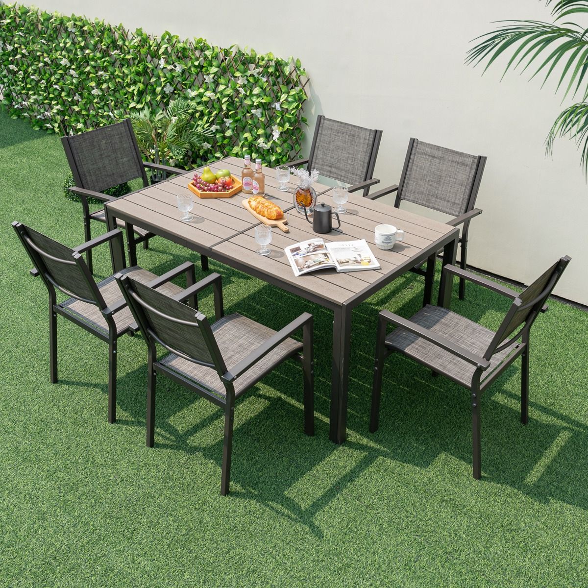 Ensemble de Meubles de Patio 7 Pièces pour 6 Personnes Salon de Jardin avec 6 Chaises Empilables et Table Rectangulaire Gris