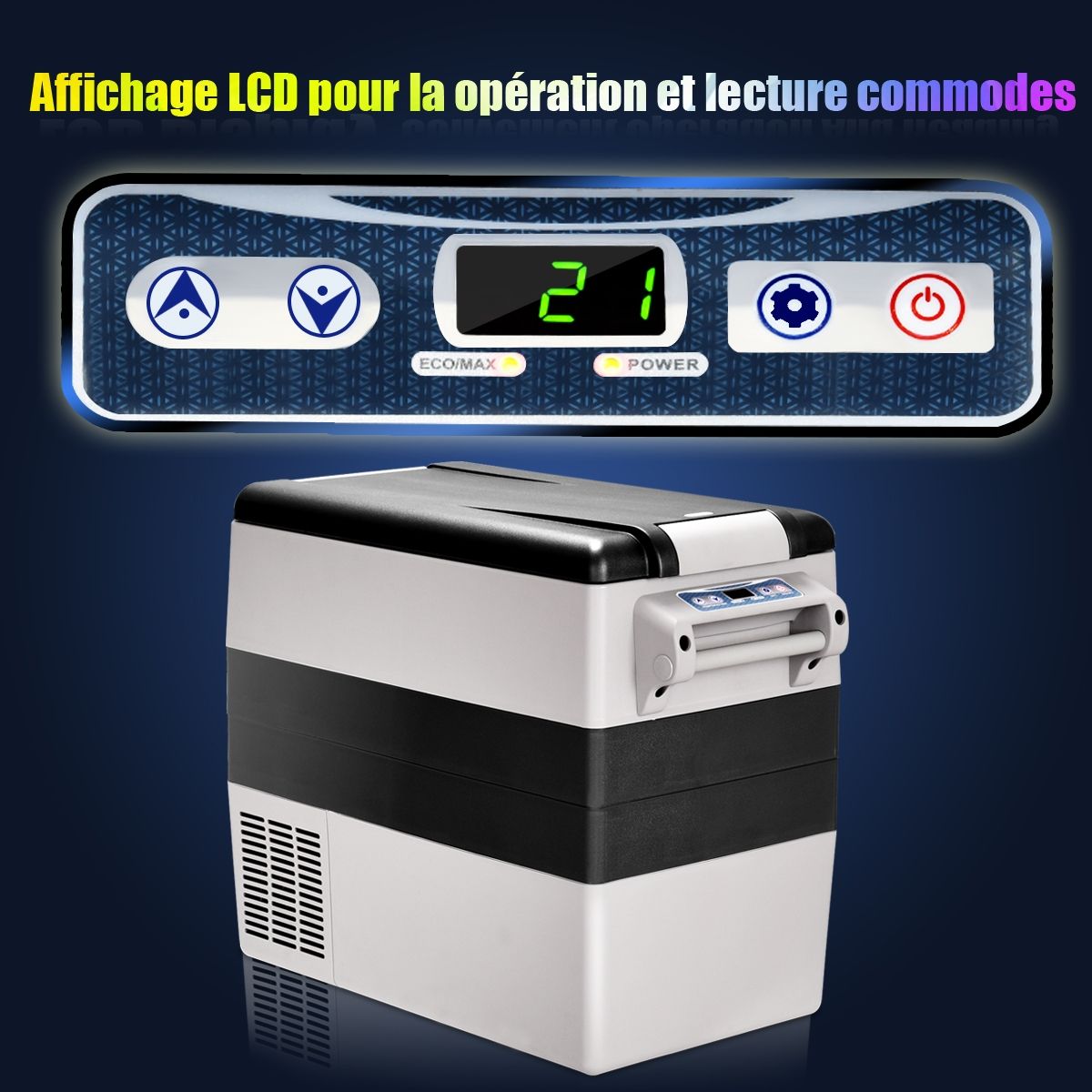 Réfrigérateur 52l de Voiture -20℃/+10℃ Mini Réfrigérateur Portable Ecran Lcd Adaptateur 69x34,5x52,5cm Noir+Gris