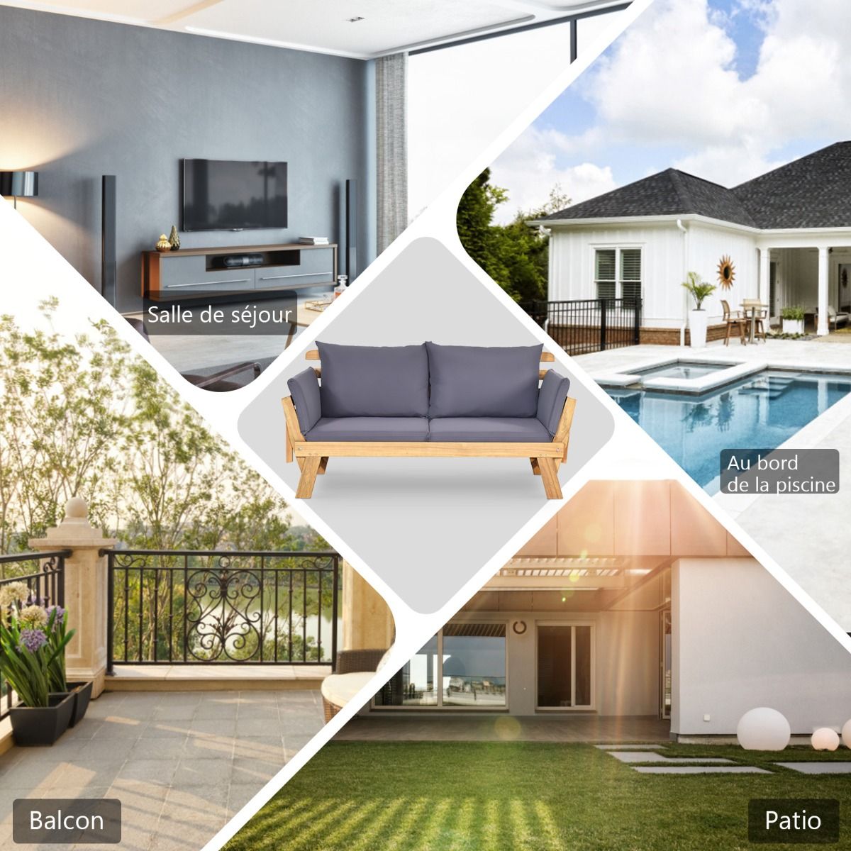 Chaise Longue Convertible avec Coussin Canapé de Jardin 2 en 1 en Bois d’Acacia avec Accoudoir Réglable pour Patio Piscine Jardin Blanc/Gris/Bleu/Rouge