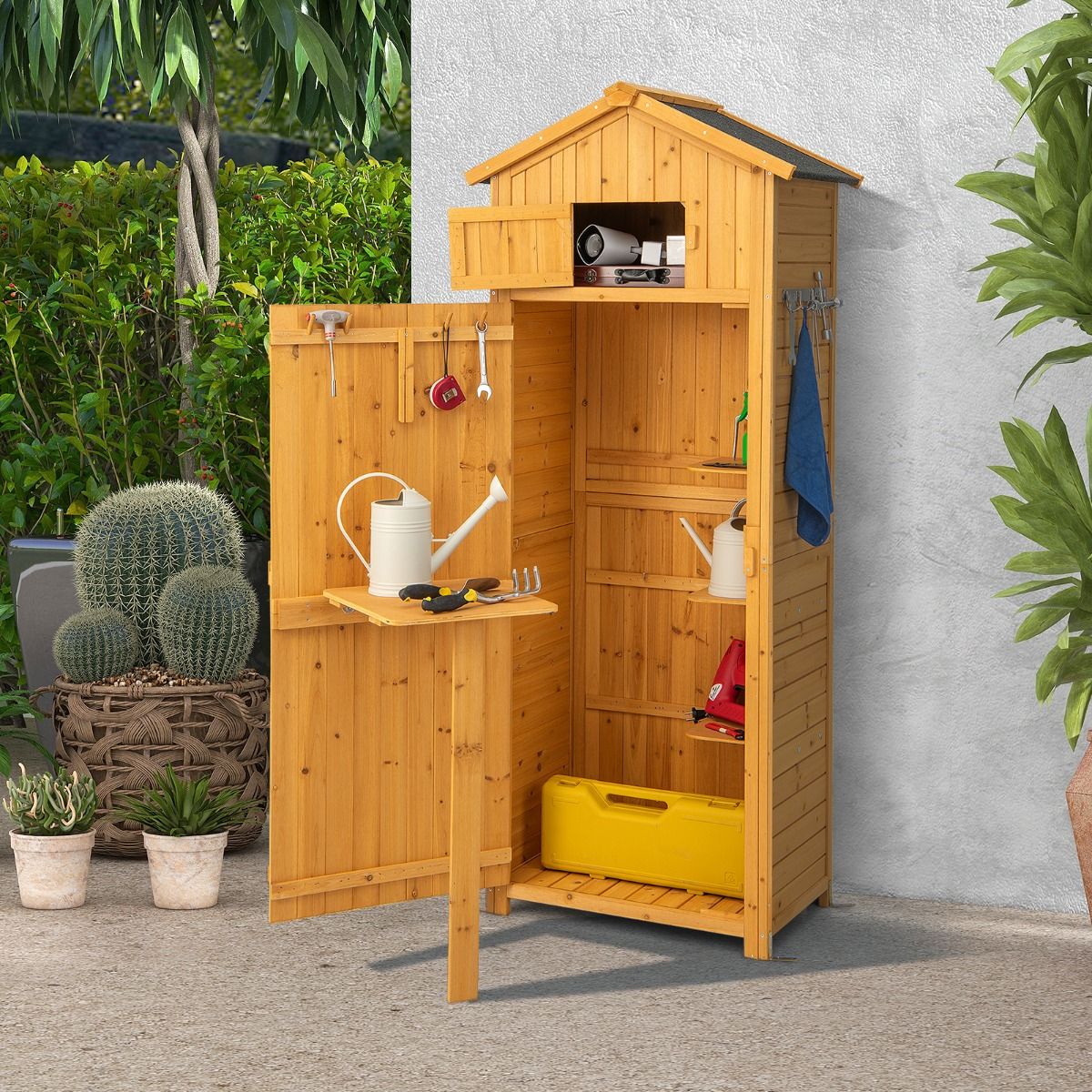 Armoire de Jardin en Bois Imperméable avec Toit Abri de Jardin avec Table Pliable Étagères et 8 Crochets 75x50x180,5CM