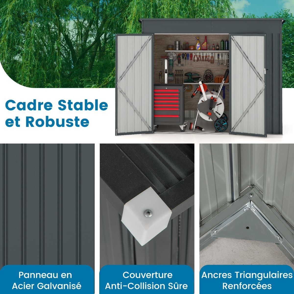 Abri de Jardin Extérieur Abri à Outils de Jardin avec 2 Portes Design Incliné Aérations Cadre en Métal Galvanisé 235x117x185cm Gris Foncé