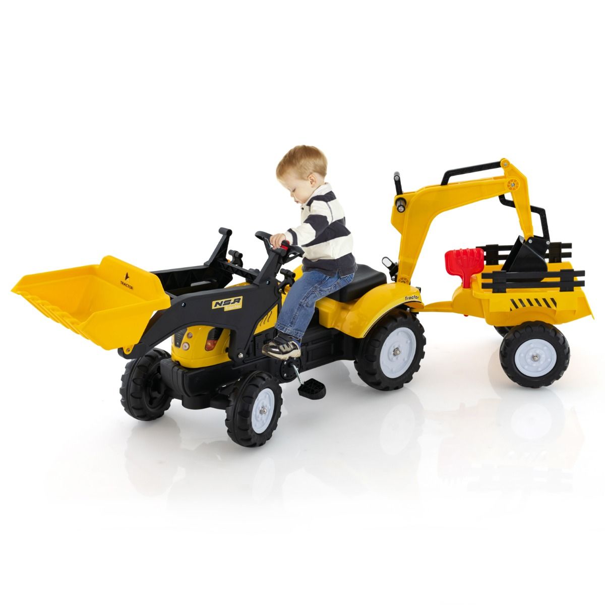 3 en 1 Tracteur pour Enfant avec 6 Roues Jouet Pelle Remorque Amovible avec Volant Klaxon 3 à 6 Ans Jaune/Vert