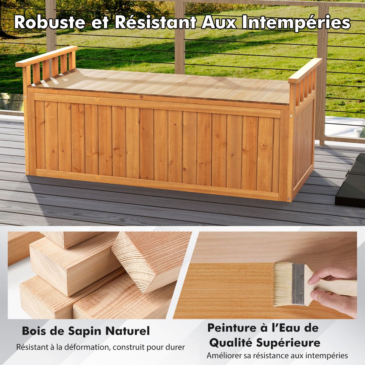 Banc de Rangement en Bois Banc d'Extérieur à 2 Places de 209 L avec Accoudoirs Coffre de Stockage en Bois Charge 100KG Naturel