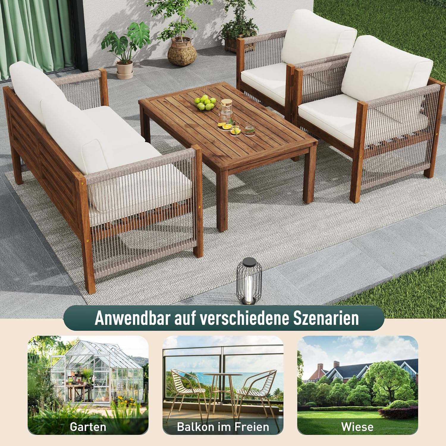 Zepneiy Salon de Jardin, Salon de Jardin 4 Personnes, avec canapé, Table Basse et Coussins, Housse en Tissu déhoussable et Lavable, Noir (Coussins d'assise Inclus)