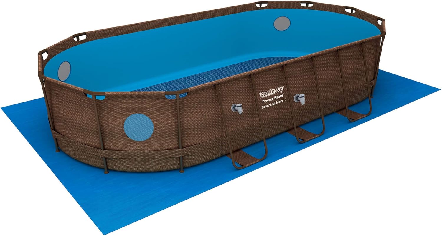 Bestway 56946 Piscine Power Steel™ Swim Vista ovale 488 x 305 x 107 cm motif rotin avec hublots, filtration à sable, échelle, bâche et diffuseur Chemconnect™