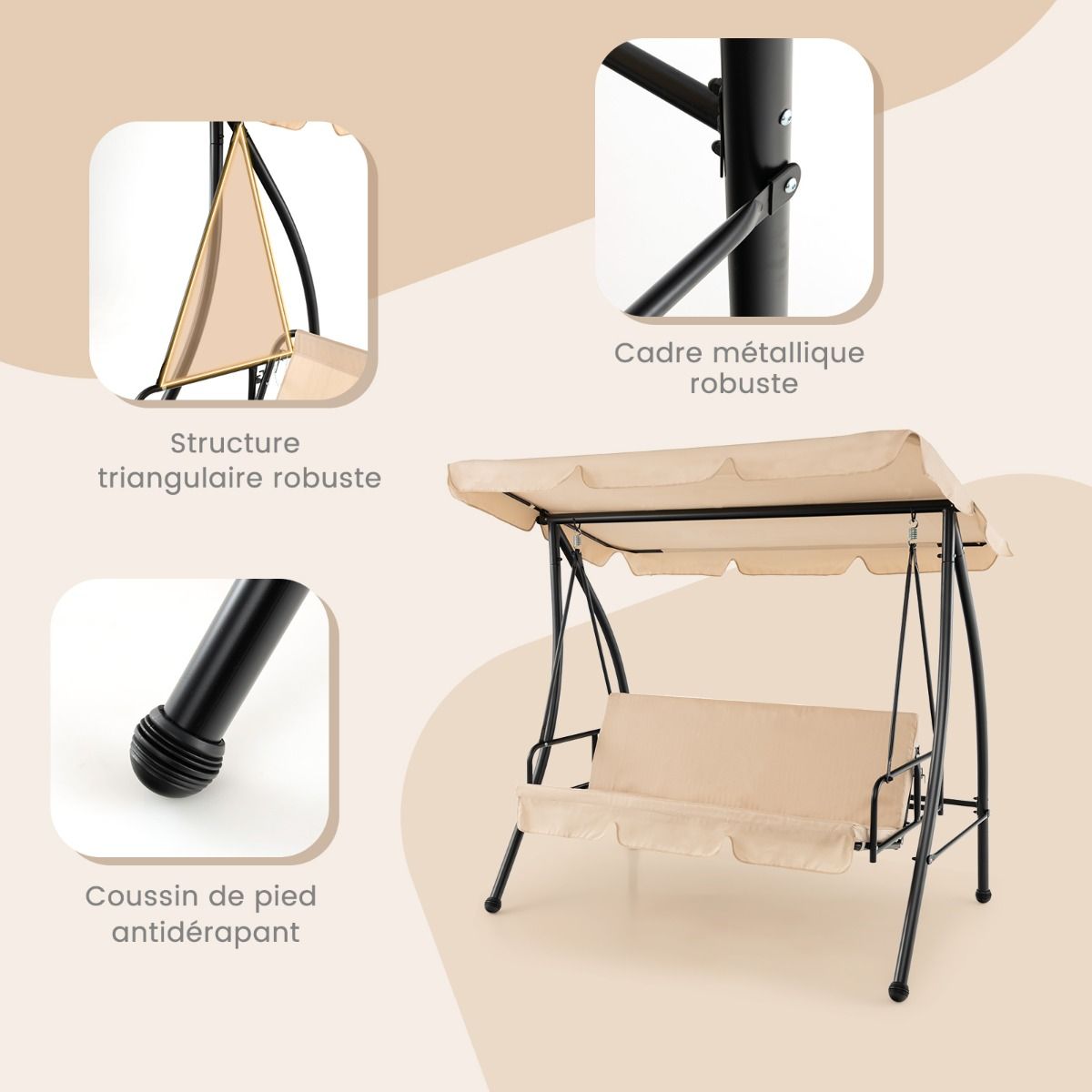 Balancelle d'Extérieur Convertible 2 Places avec Lit Plat Hamac de Terrasse avec Auvent Réglable et Coussin Amovible Pour Jardin