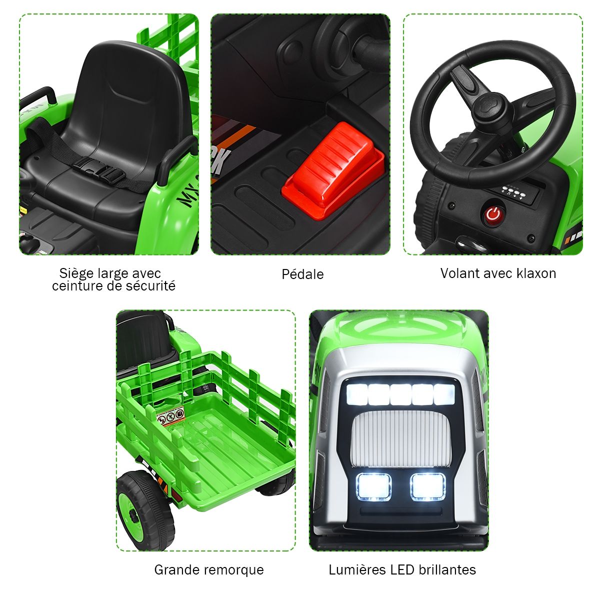 Tracteur Electrique avec Remorque pour Enfants 3 Vitesses Lumières LED Fonctions Audio USB et Bluetooth Jaune/Rose/Rouge/Vert/Vert Foncé/Noir