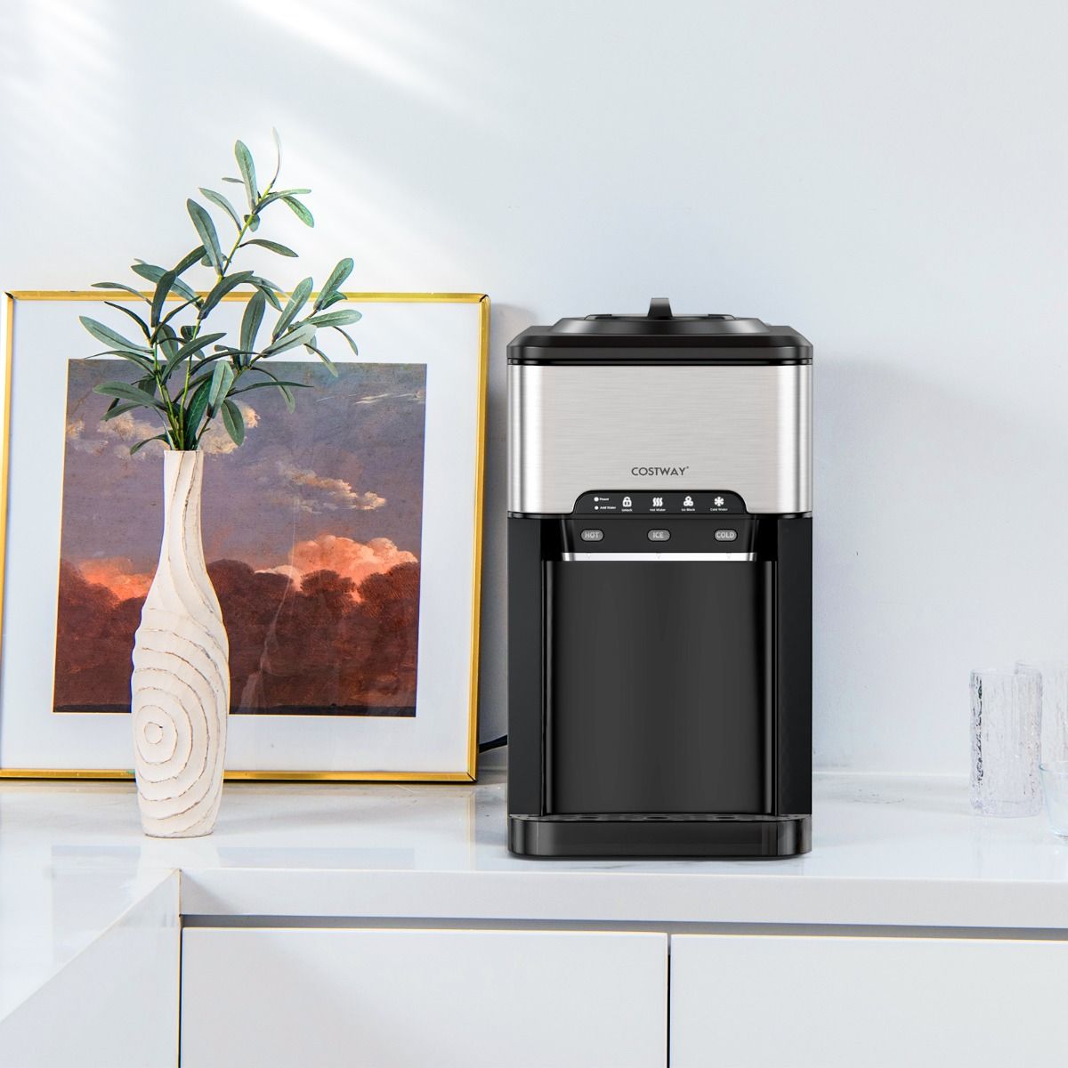 Machine à Glaçons 3 en 1 avec Distributeur d'Eau Froide/Chaude 20 kg en 24h Cube de Glace 6-13 min pour Maison Bureau Bar