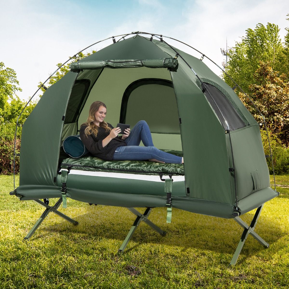 Tente de Camping avec Lit pour 1 Personne Lit de Camping Pliant 5 en 1 avec Matelas Pneumatique Oreiller Sac de Couchage Tente Surélevée Étanche