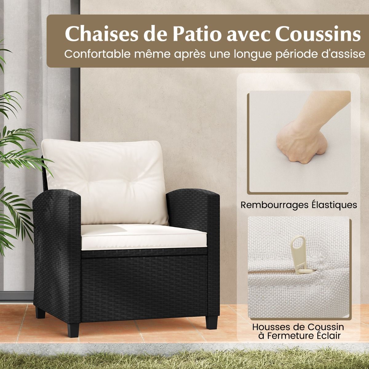 Ensemble de Meubles 3 Pièces de Patio en Rotin Charge 180KG Salon de Jardin 2 Fauteuils Table Basse avec Plateau Noir/Beige/Blanc