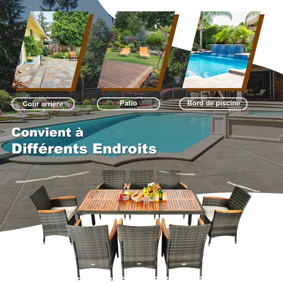 Salon de Jardin avec 1 Table et 8 Chaises en Bois et Rotin Synthétique Anti-UV Pieds Réglables et Coussins Imperméables Inclus