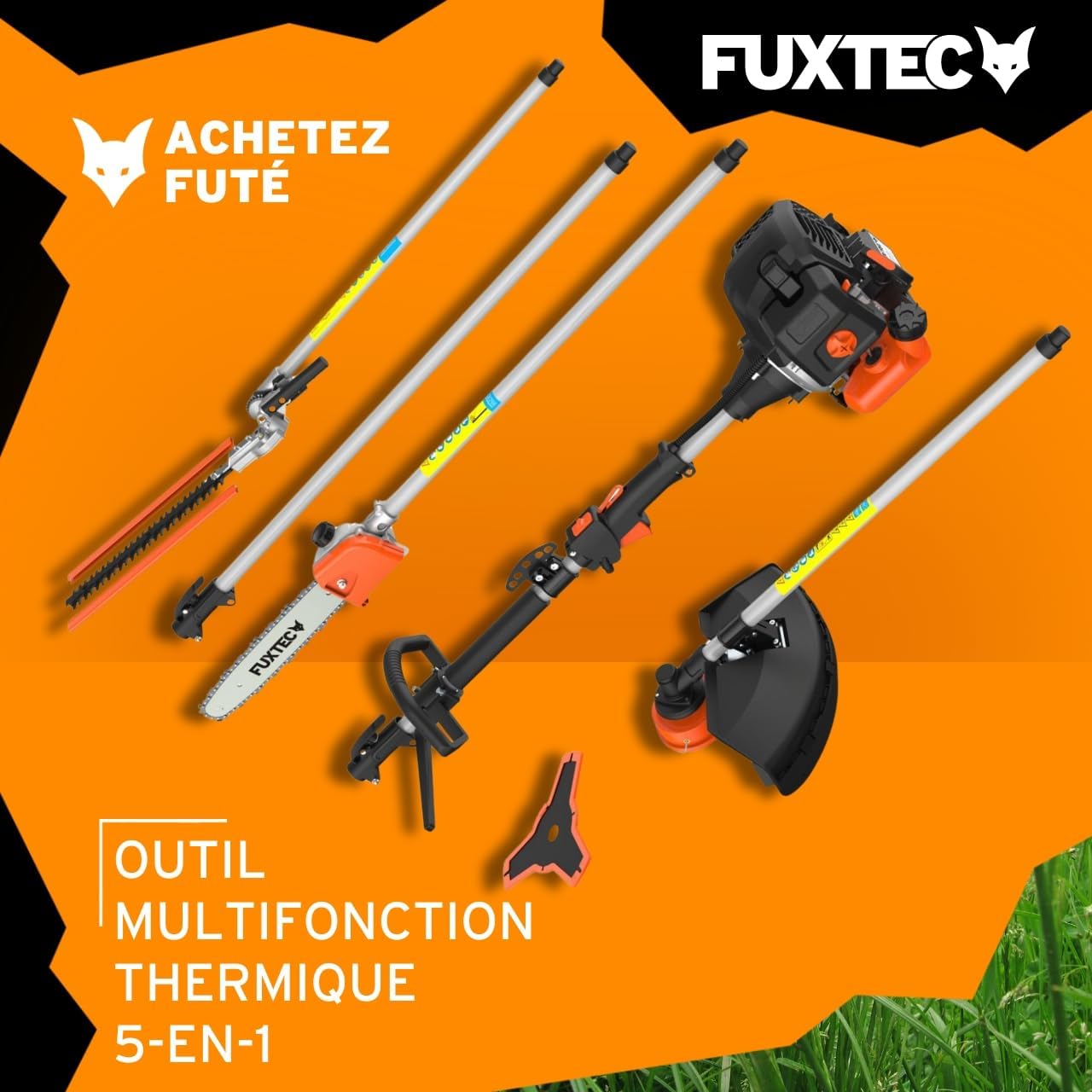 Fuxtec Débroussailleuse Thermique Multifonction 5 en 1 Multitool FX-MT152E - Easy Starter 3CV 52 cm³, Moteur 2 Temps, Élagueuse Taille Haie Coupe Bordure Avec Fil ou Lame 1 Mètre Rallonge