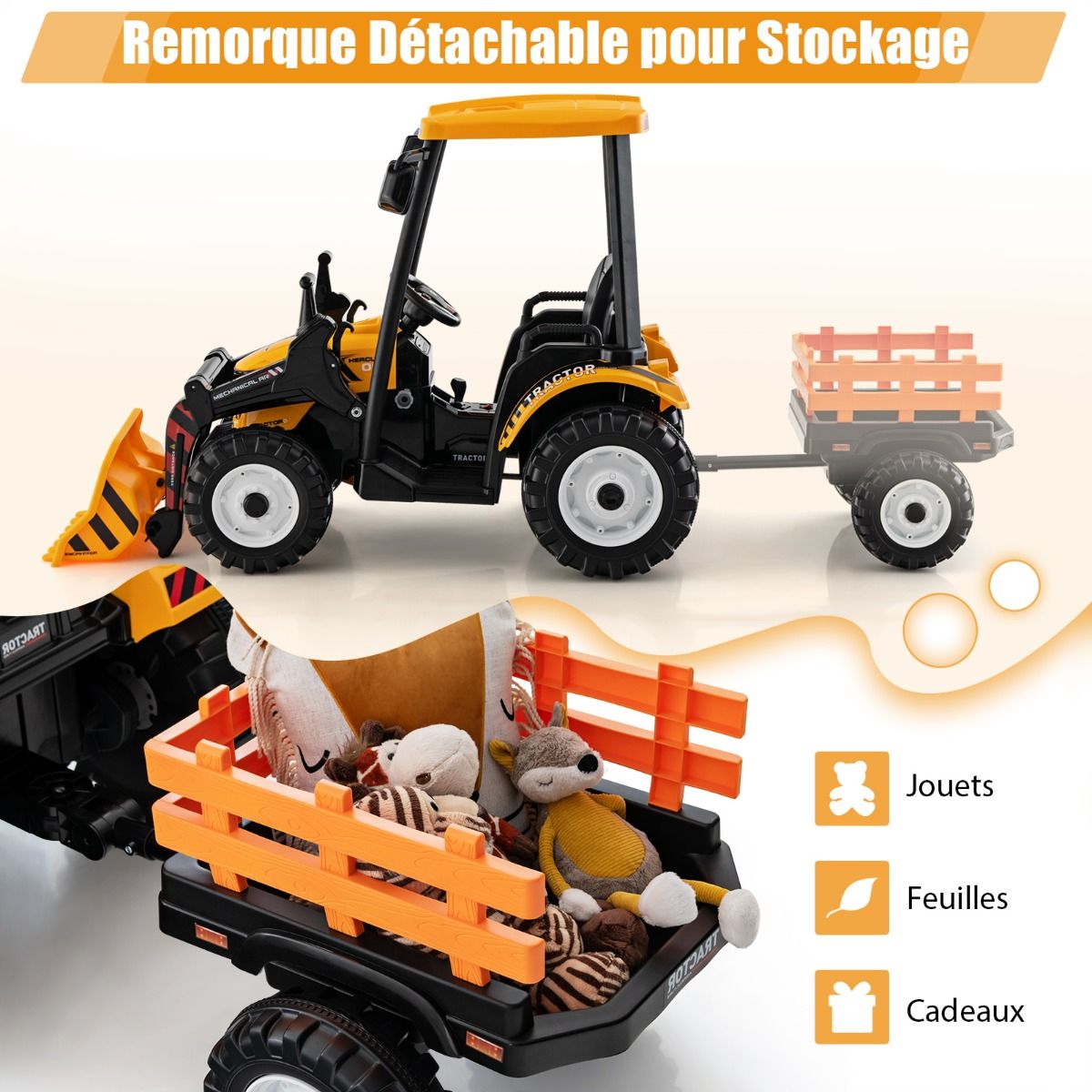 12V Tracteur Électrique Enfants avec Pelle&Remorque Amovible Véhicule Électrique à 6 Roues avec Télécommande & Musique 3-6 km/h pour 3-8 Ans Jaune/Vert