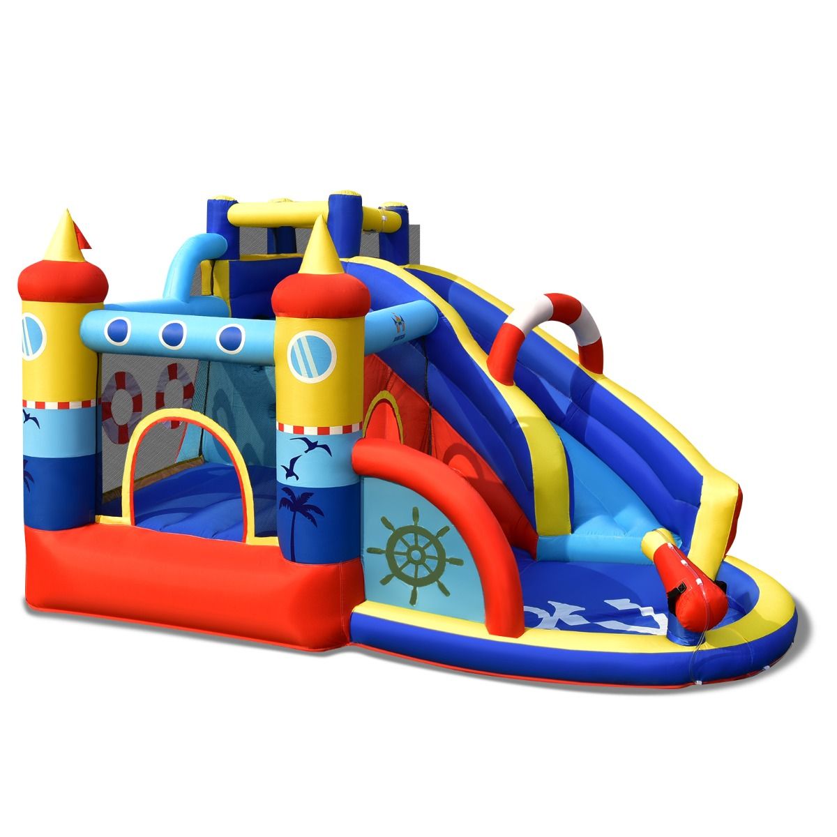 Château Gonflable Style Bateau avec Toboggan Incurvé Zone de Saut Mur d'Escalade Gonfleur non Inclus