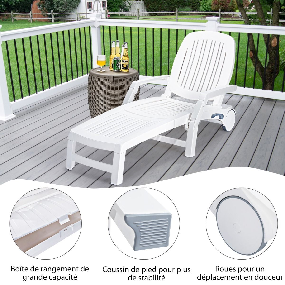 Chaise Longue Inclinable Réglable à 5 Positions avec Roues Flexibles Fauteuil Relax de Camping avec Boîte de Rangement Charge 150KG Blanc