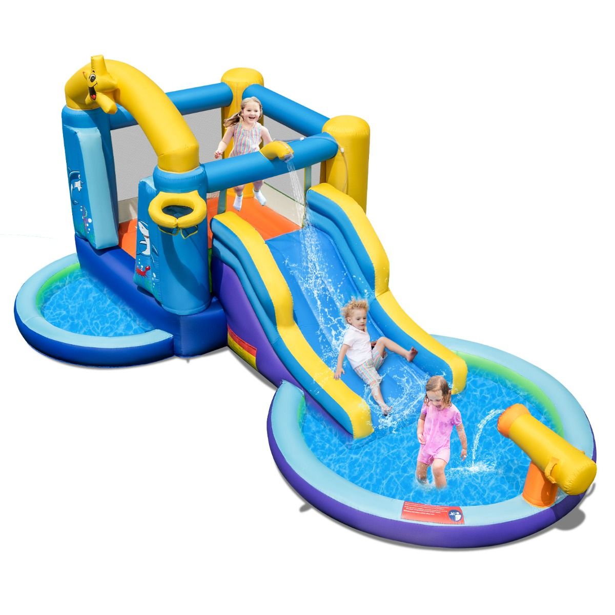 Château Gonflable Océan 6 en 1 avec Souffleur 680W Toboggan Aquatique & 2 Piscines Maison de Rebond Gonflable Charge 90kg