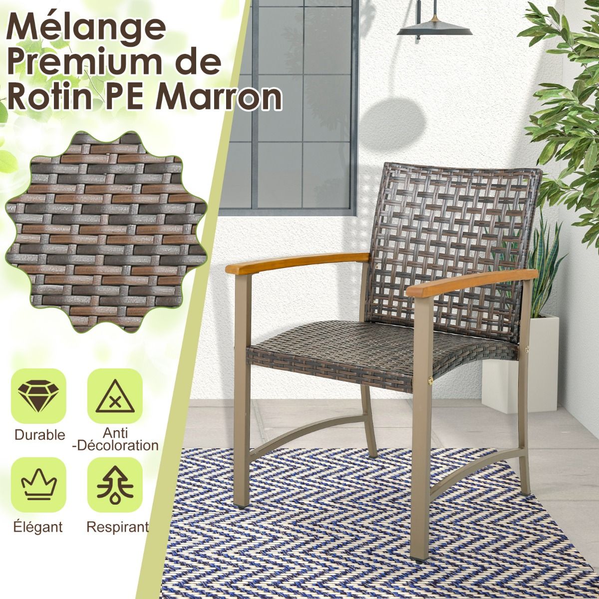 Ensemble de 4 Chaises en Rotin pour l'Extérieur Chaises avec Accoudoirs en Bois d'Acacia Structure Métallique Robuste Chaises Ergonomiques