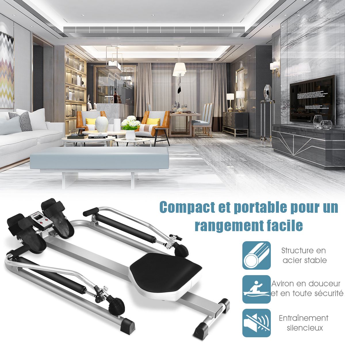 Rameur de Fitness Résistance Hydraulique Réglable 50kg Affichage LCD Pédale Antidérapante Charge de 100 kg Argenté