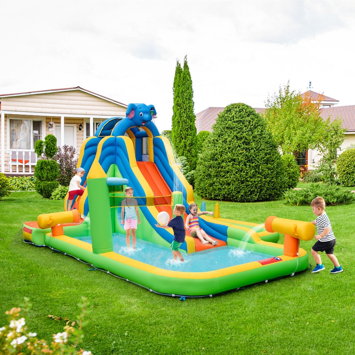 Toboggan Aquatique Gonflable Géant pour Enfants Piscine à Éclaboussures sures Mur D'escalade Canons à Eau Lancer D'anneaux Cerceau (sans Souffleur) Multicolore