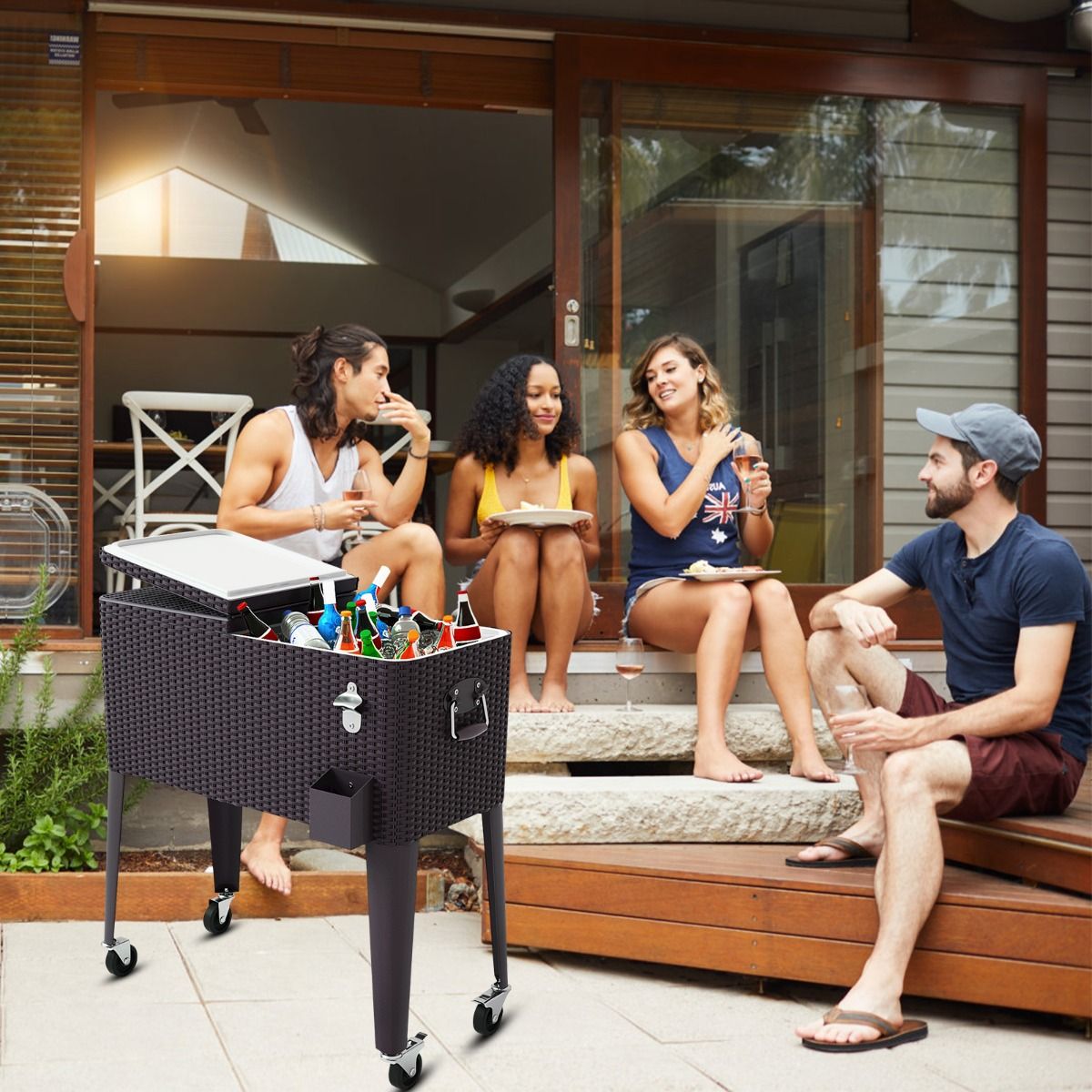 Glacière à Roues Verrouillables 76L Dessert de Glace avec Décapsuleur et Réceptacle à Capsules en PP de haute alimentaire Garder au Frais 72h 83 x 48 x 87 CM